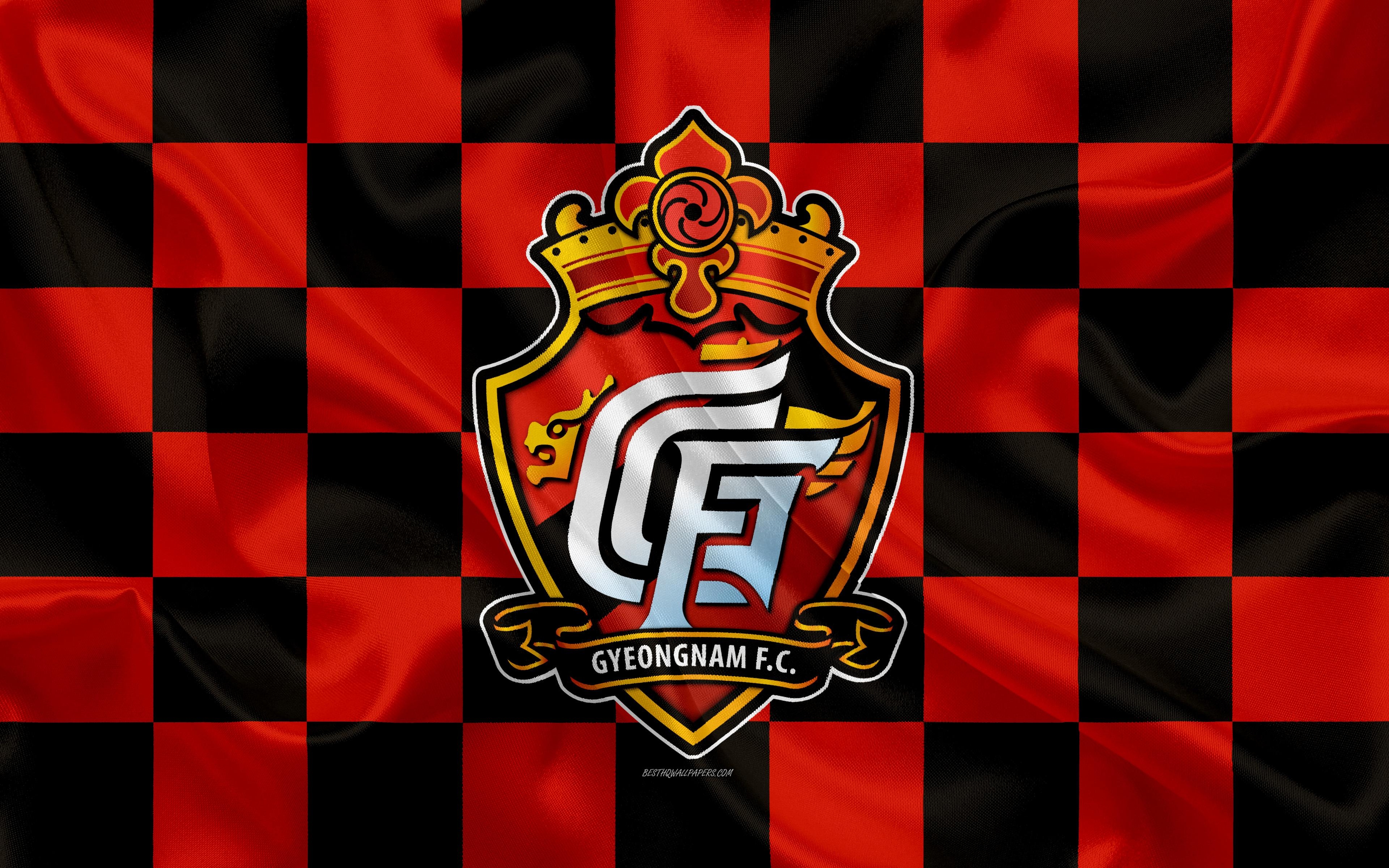 3840x2400 Herunterladen hintergrundbild gyeongnam fc, 4k, logo, kunst, rot, Desktop