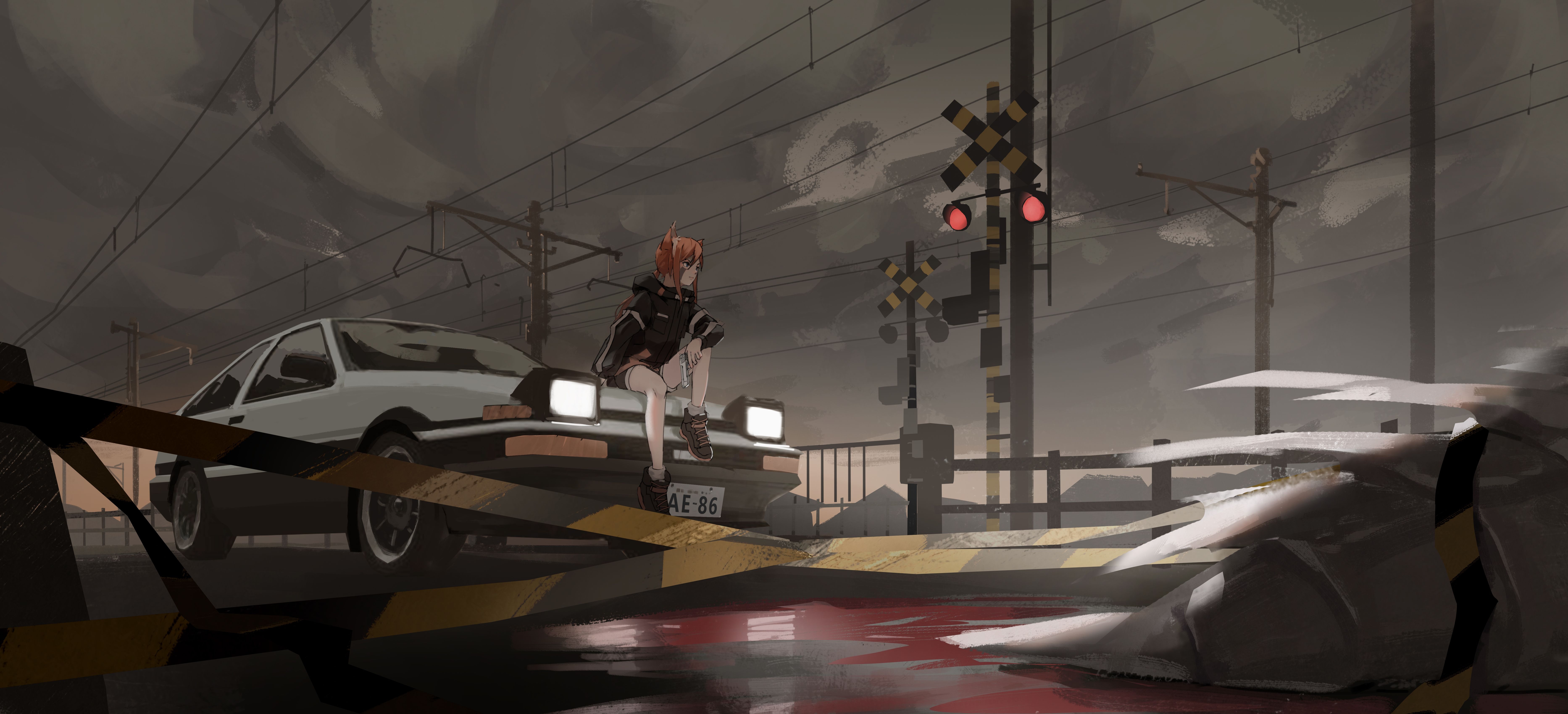 7470x3400 Anime Girl On Train Track With Car 8k, HD Anime, 4k Wallpaper, Image, Background, Photo and Picture, Dual Screen