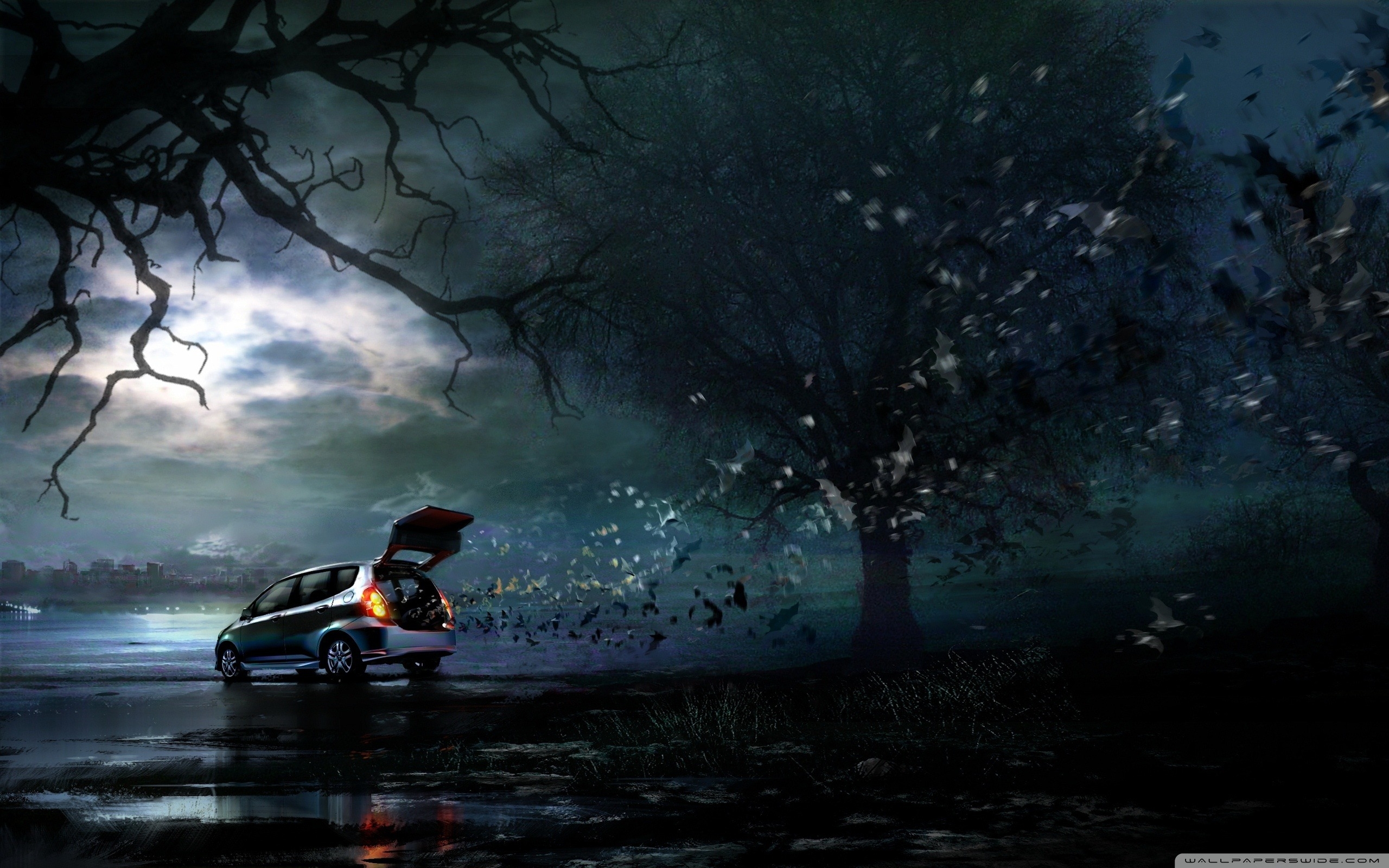 2560x1600 Car And Bats Happy Halloween Desktop Wallpaper, Desktop