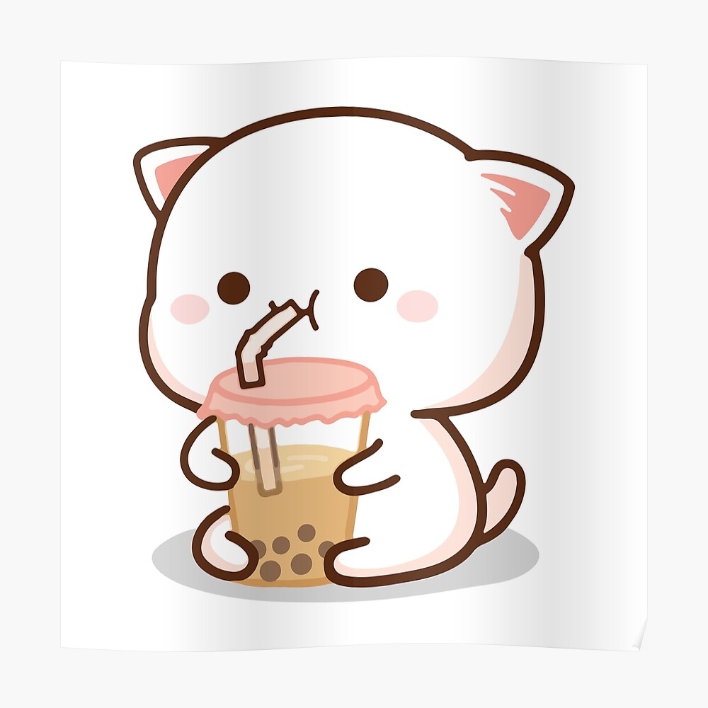 1000x1000 Peach and Goma Mochi Cat Bubble Tea Sticker, Phone