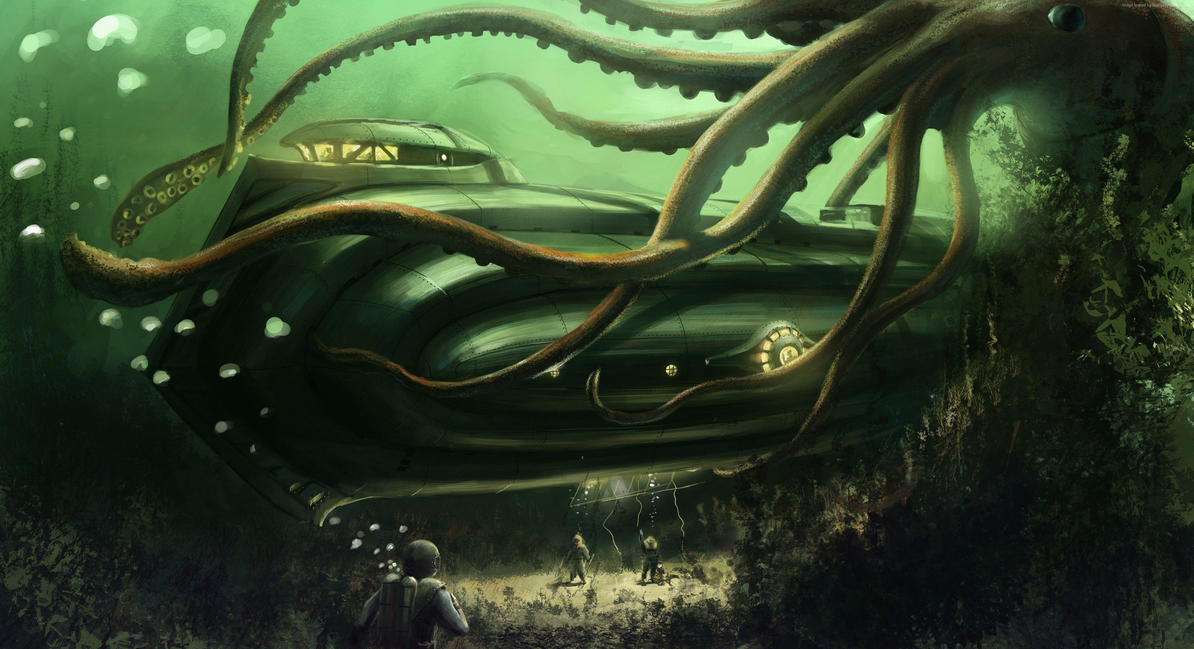 4000x2180 Wallpaper Octopus, Nautilus, Jules Verne, bottom, ocean, boat, Desktop