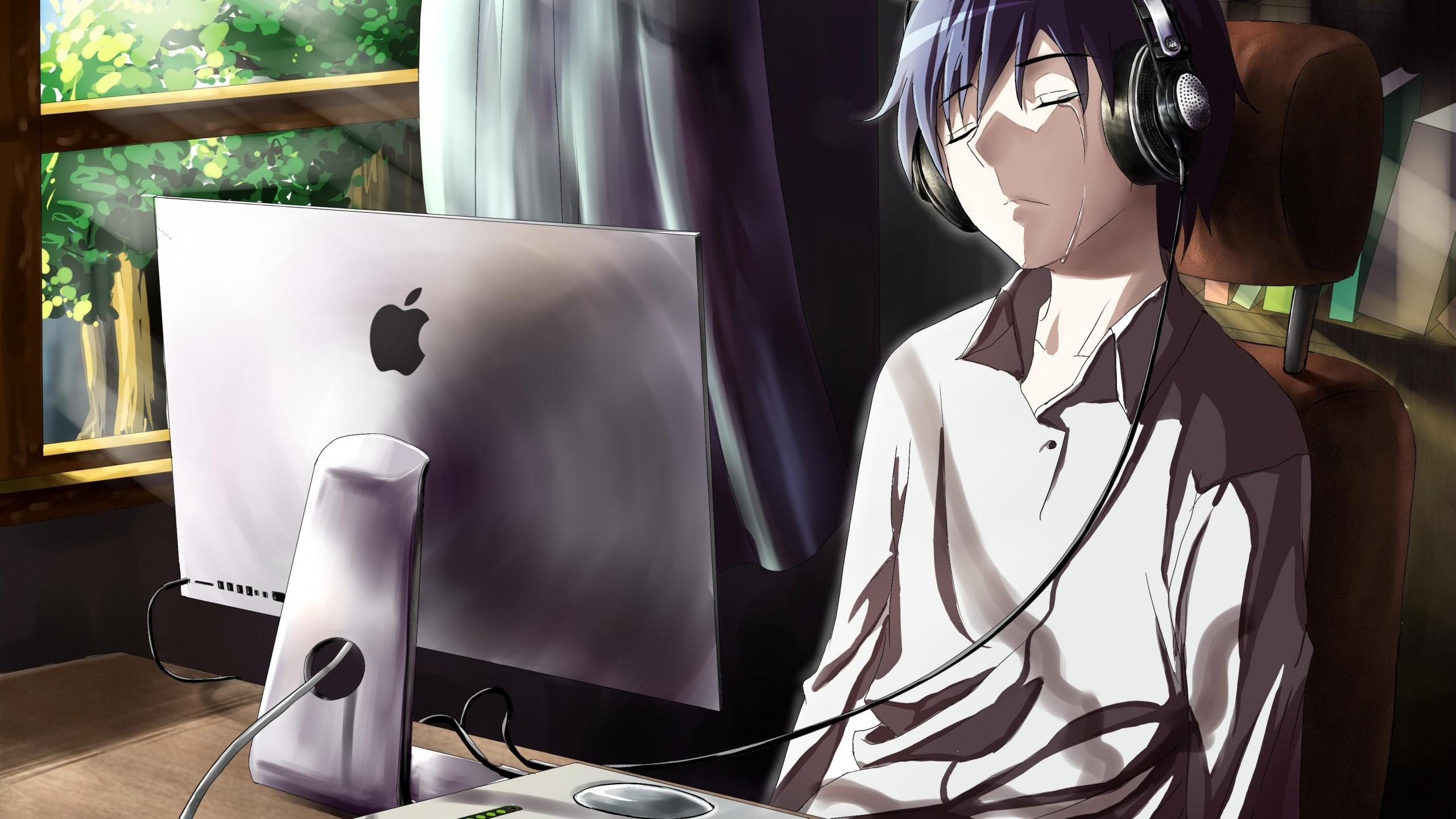 2560x1440 Guy, Anime, Computer, Tears, Sadness, Room Boy Wallpaper, Desktop