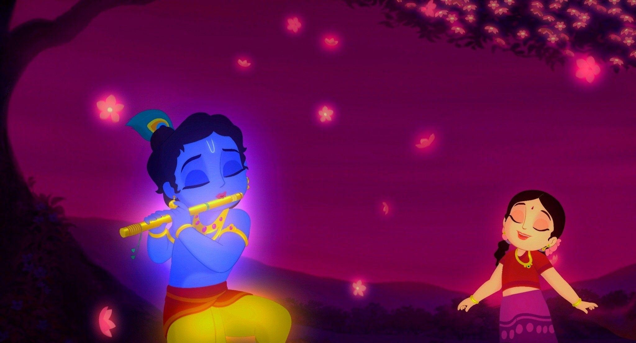 2050x1110 God Krishna Playing Flute with Radha, Desktop