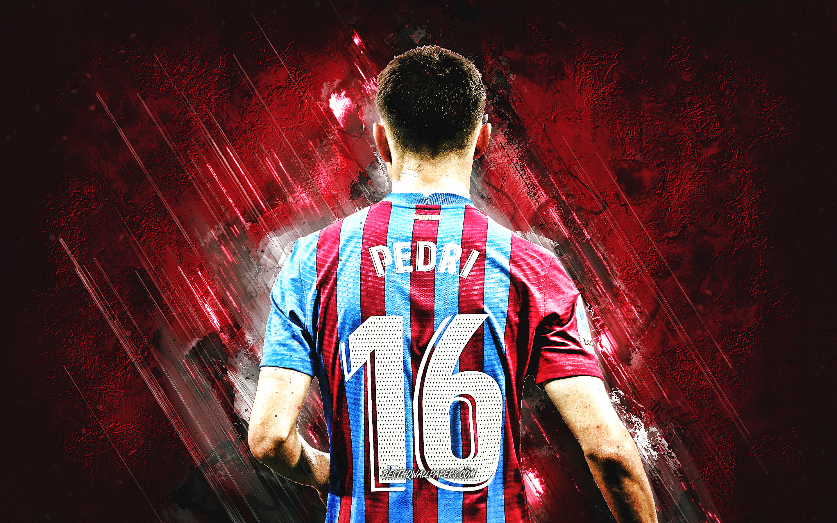 2880x1800 Download wallpaper Pedri, FC Barcelona, football player of Spain, attacking midfielder, burgundy stone background, Pedri Barcelona, Pedro Gonzalez Lopez, football for desktop with resolution. High Quality HD picture wallpaper, Desktop