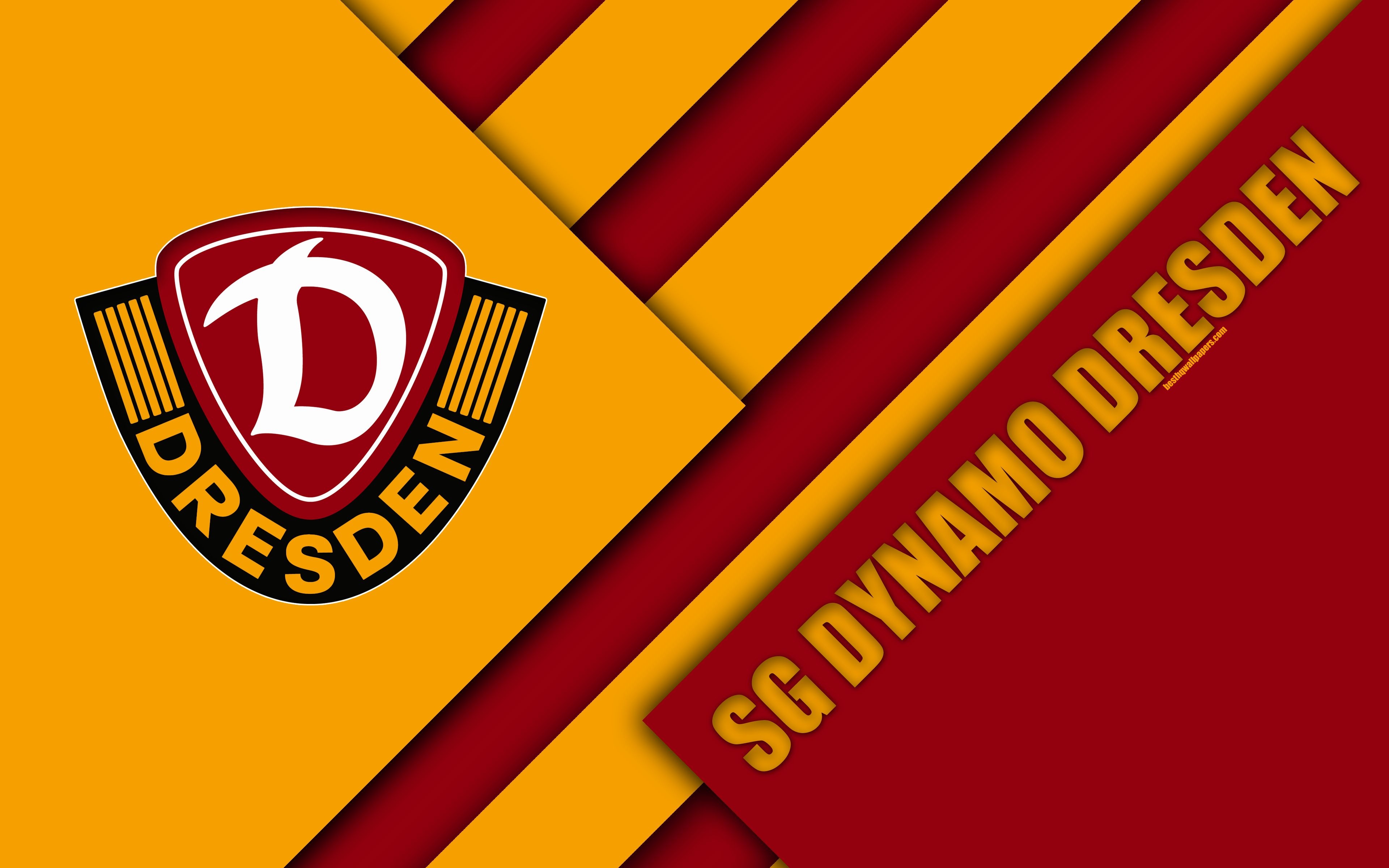 3840x2400 Download wallpaper SG Dynamo Dresden, logo, 4k, German football club, material design, yellow red abstraction, Dresden, Germany, Bundesliga football for desktop with resolution. High Quality HD picture wallpaper, Desktop