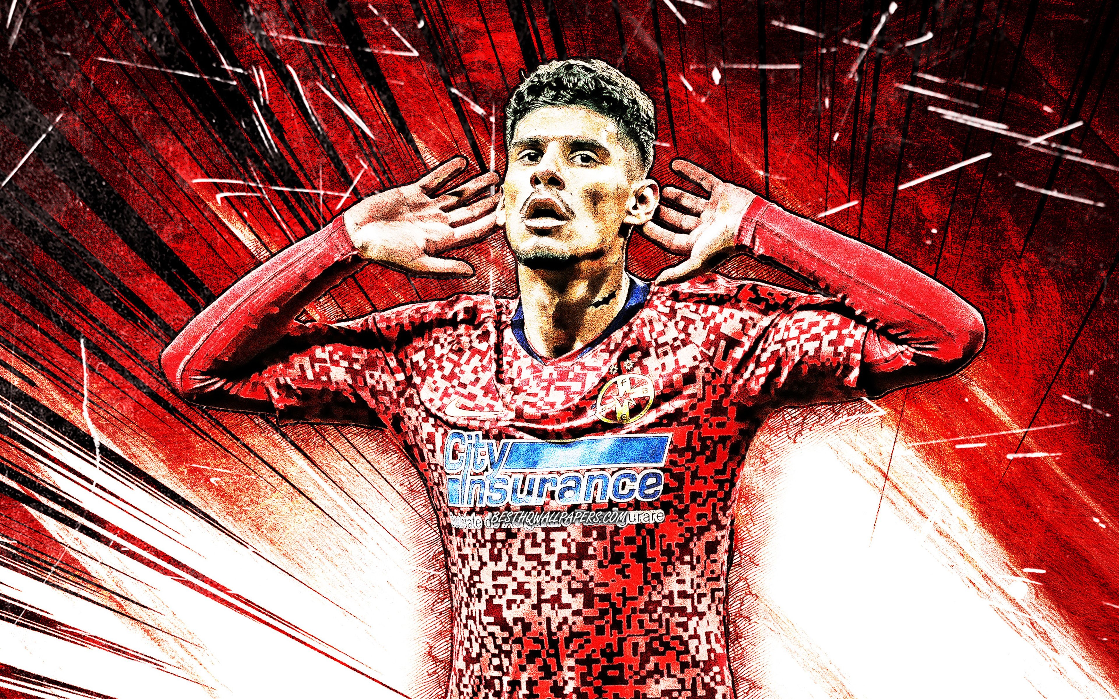 3840x2400 Download wallpaper 4K, Florinel Coman, grunge art, romanian footballers, Liga I, FC Steaua Bucuresti, soccer, FCSB, football, red abstract rays, Florinel Coman Steaua Bucuresti for desktop with resolution. High Quality HD, Desktop