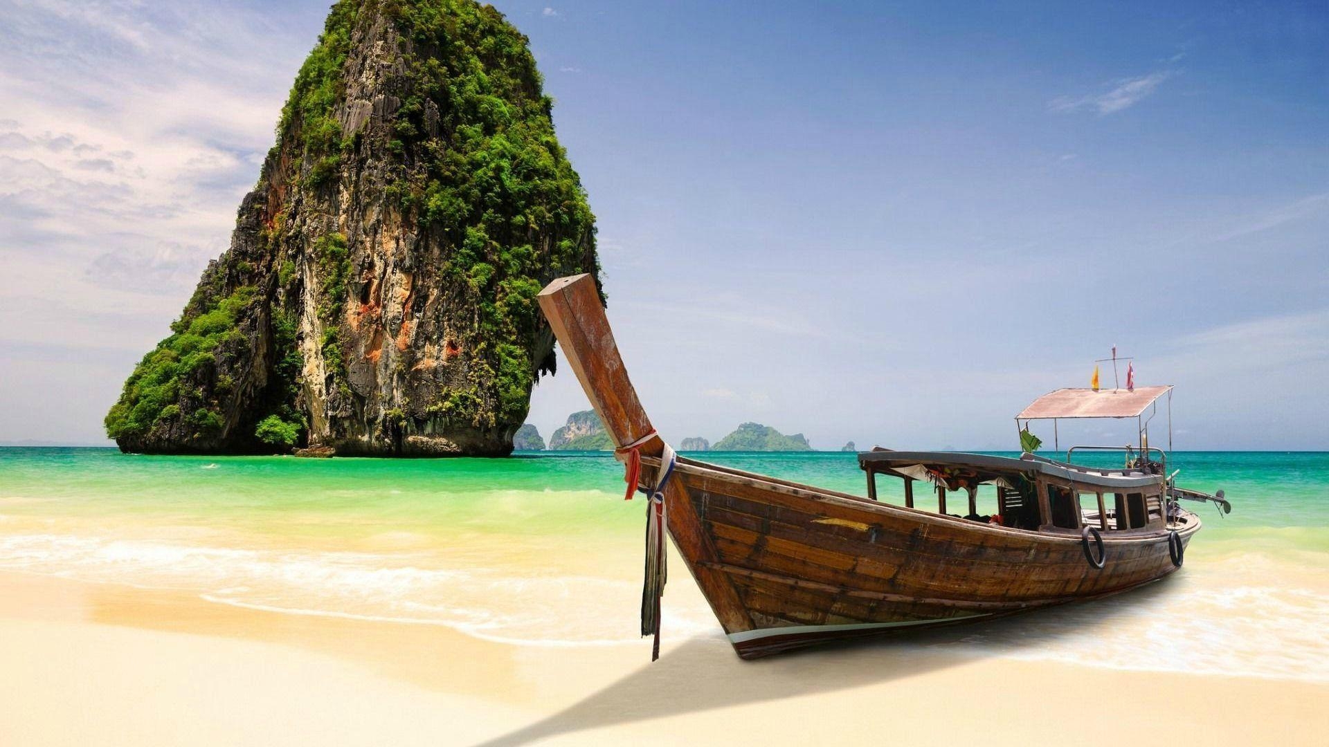 1920x1080 Krabi Phuket Bangkok Thailand Beach Boat Sea Rock Blue Sky HD, Desktop