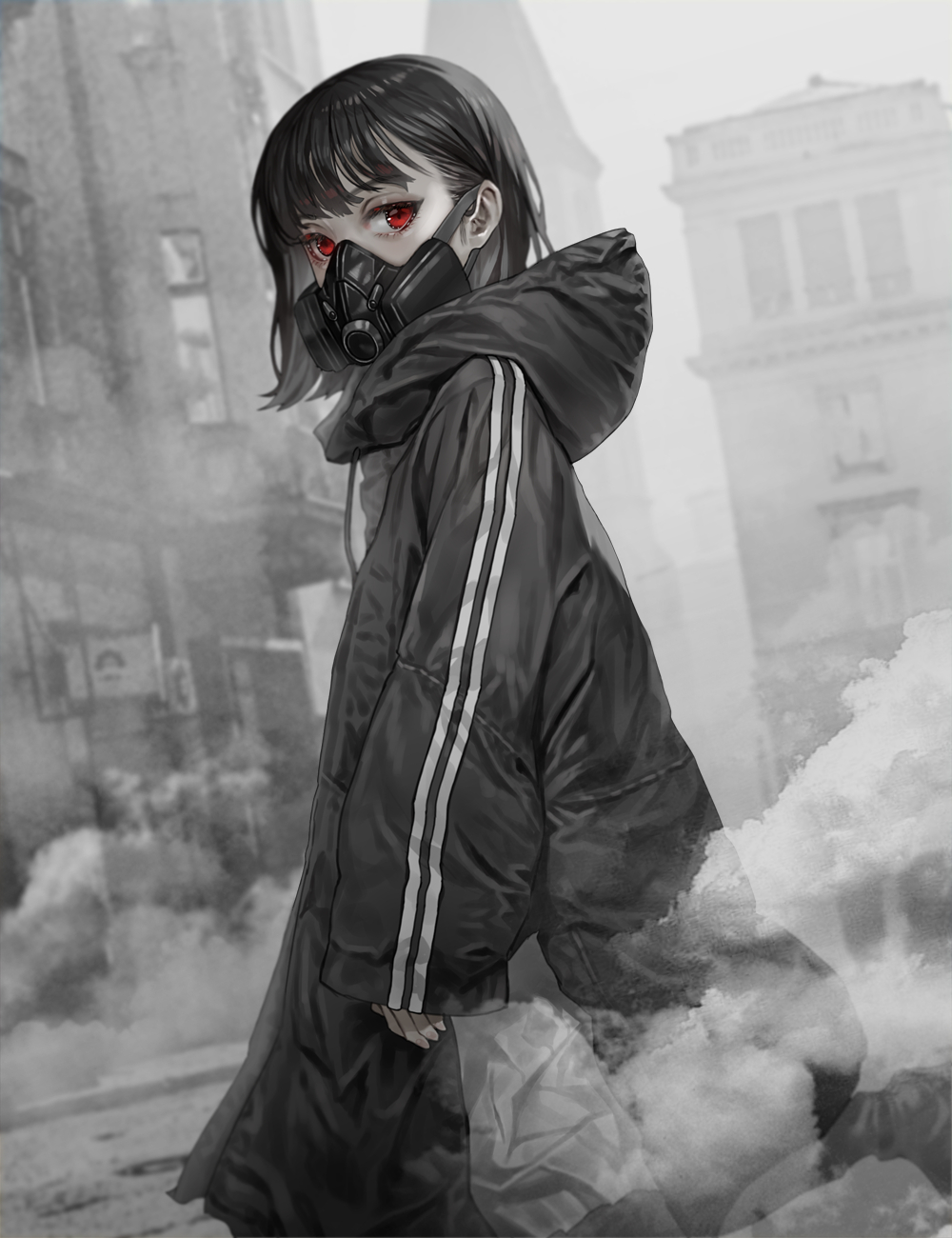 1000x1300 Wallpaper, anime girls, red eyes, black hair, short hair, gas masks, original characters, RuHee, vertical, Phone