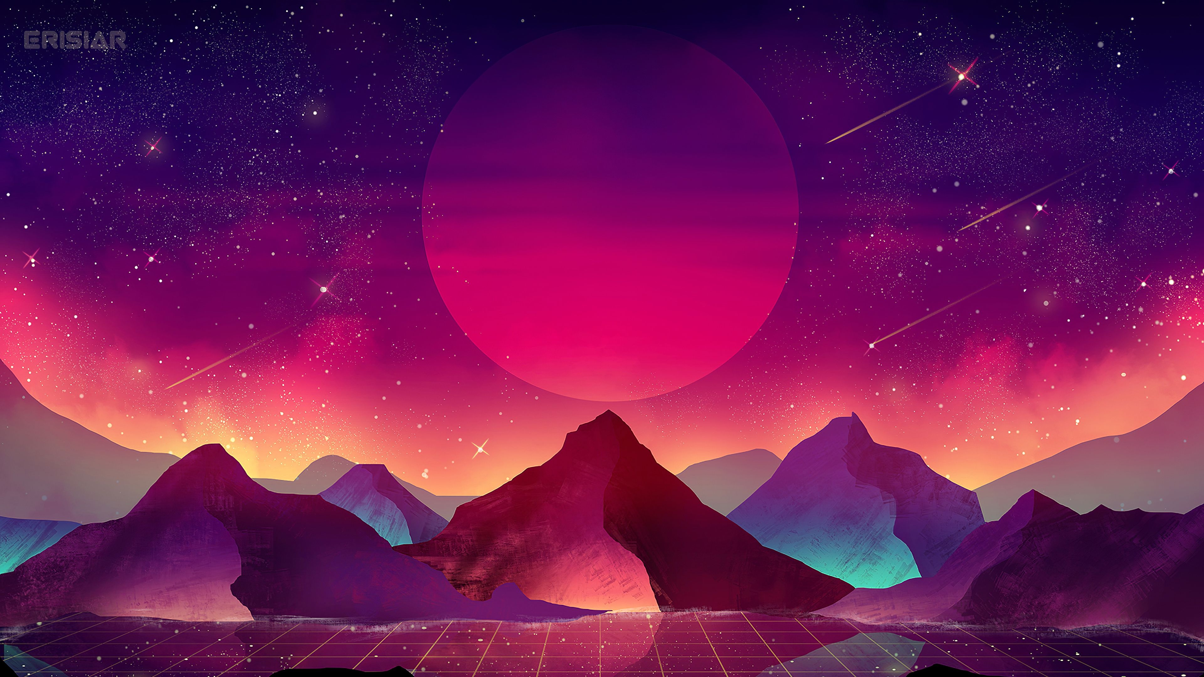 3840x2160 Download  wallpaper Terrain, vaporwave, moon, mountains, landscape, art, 4K, UHD 16: Widescree. Vaporwave wallpaper,  wallpaper, Art wallpaper, Desktop