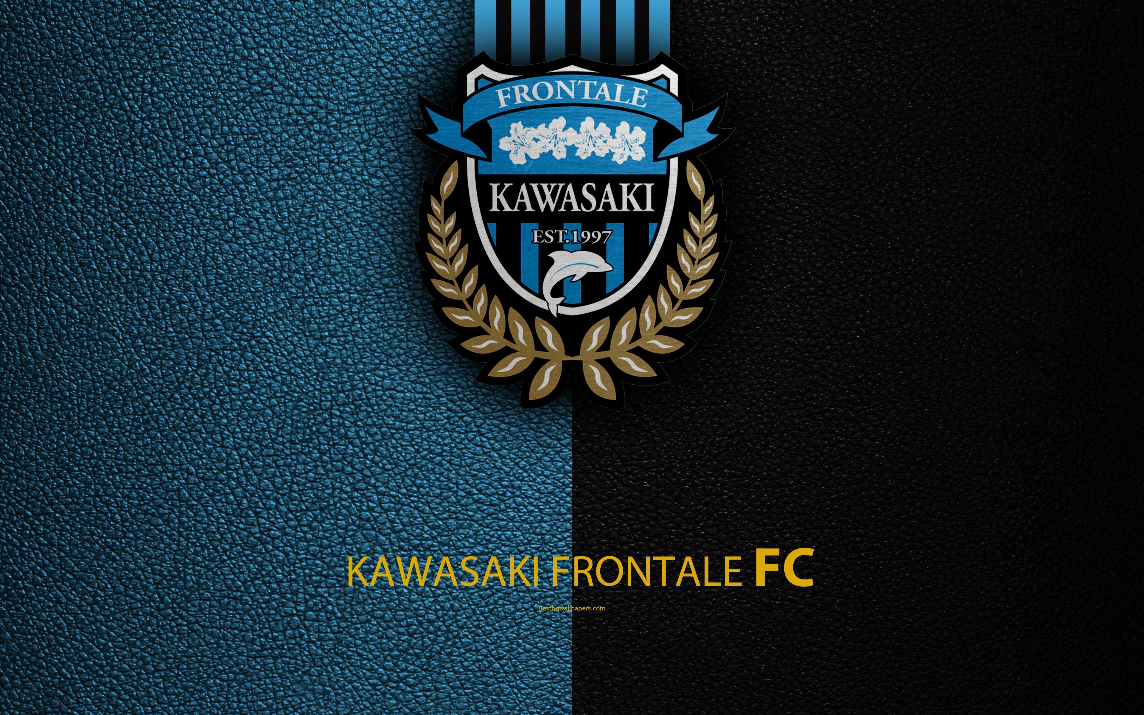 3840x2400 Download wallpaper Kawasaki Frontale FC, 4k, logo, leather texture, Desktop