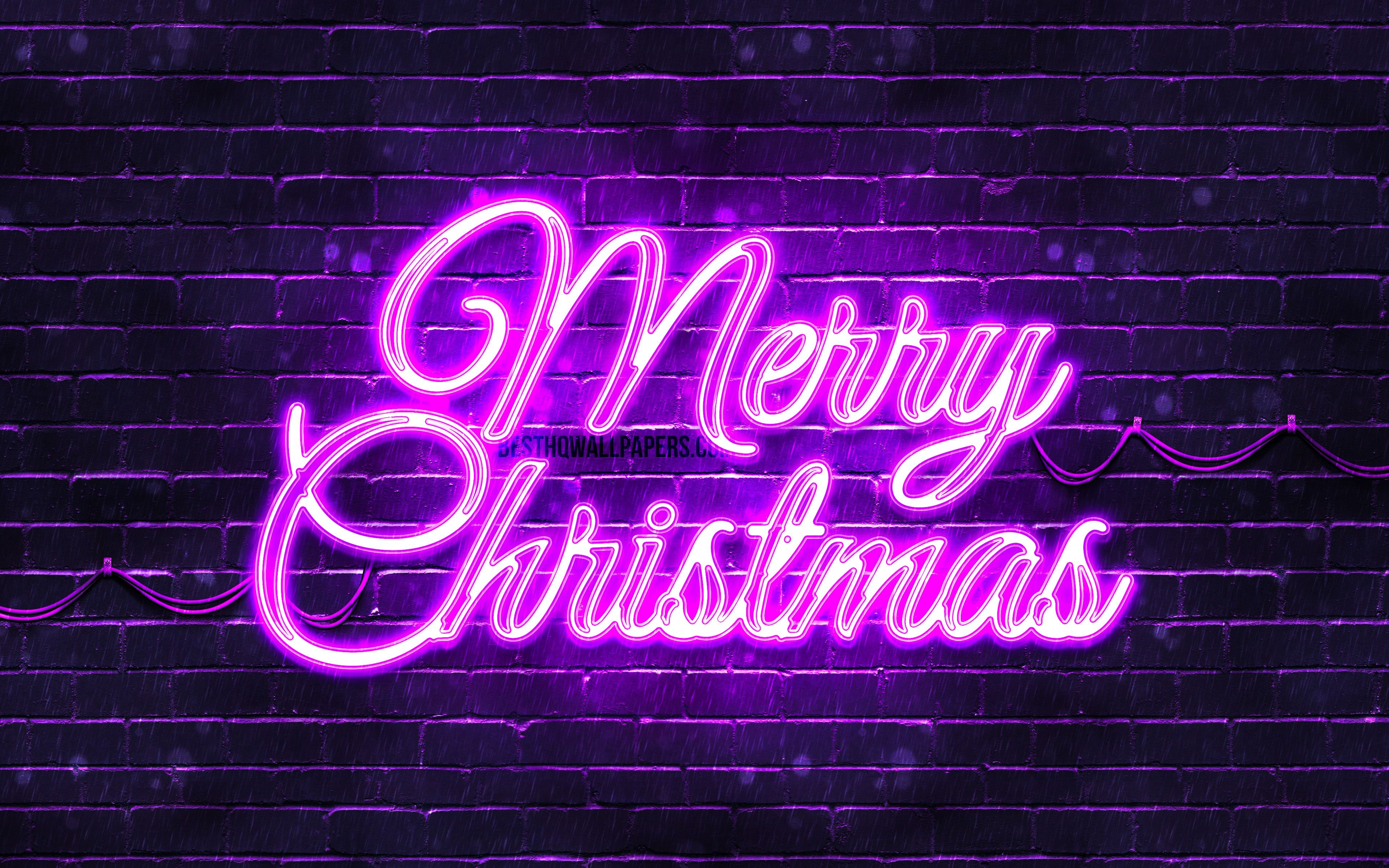 3840x2400 Download wallpaper Violet neon Merry Christmas, 4k, Violet brickwall, Happy New Years Concept, Violet Merry Christmas, creative, Christmas decorations, Merry Christmas, xmas decorations for desktop with resolution. High Quality HD picture, Desktop