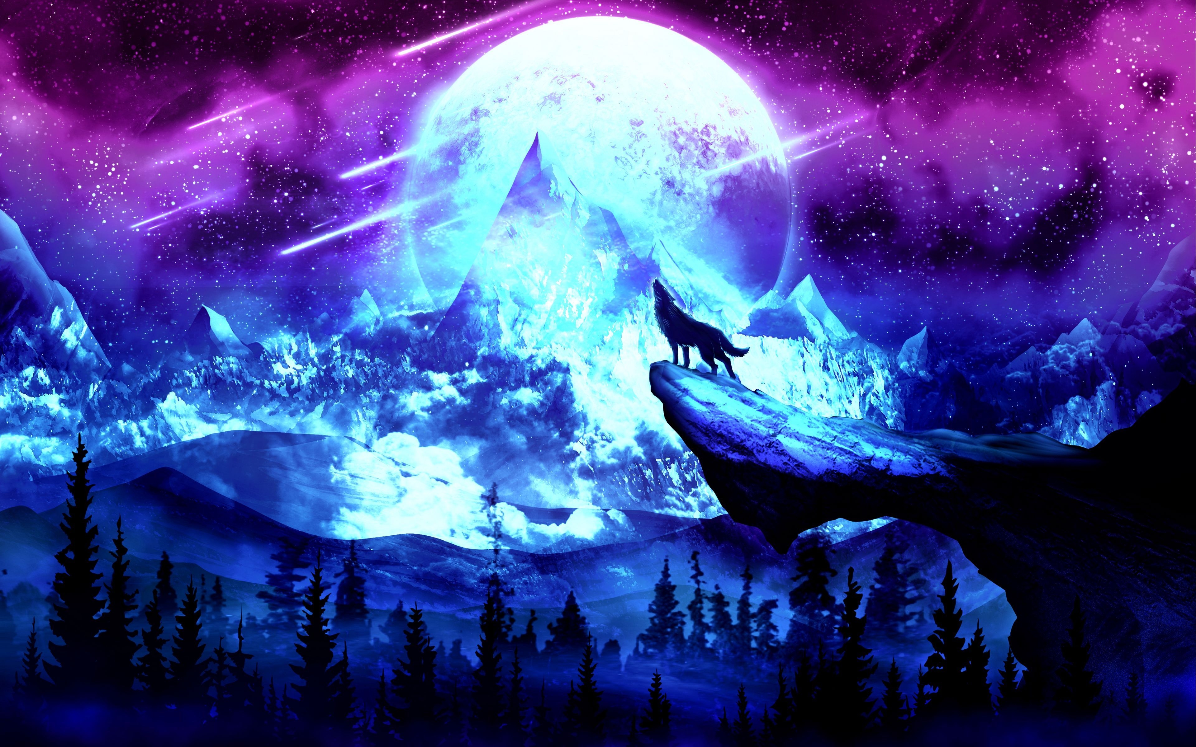 3840x2400 Download wallpaper  wolf, moon, night, mountains, art 4k ultra HD 16:10 HD background, Desktop