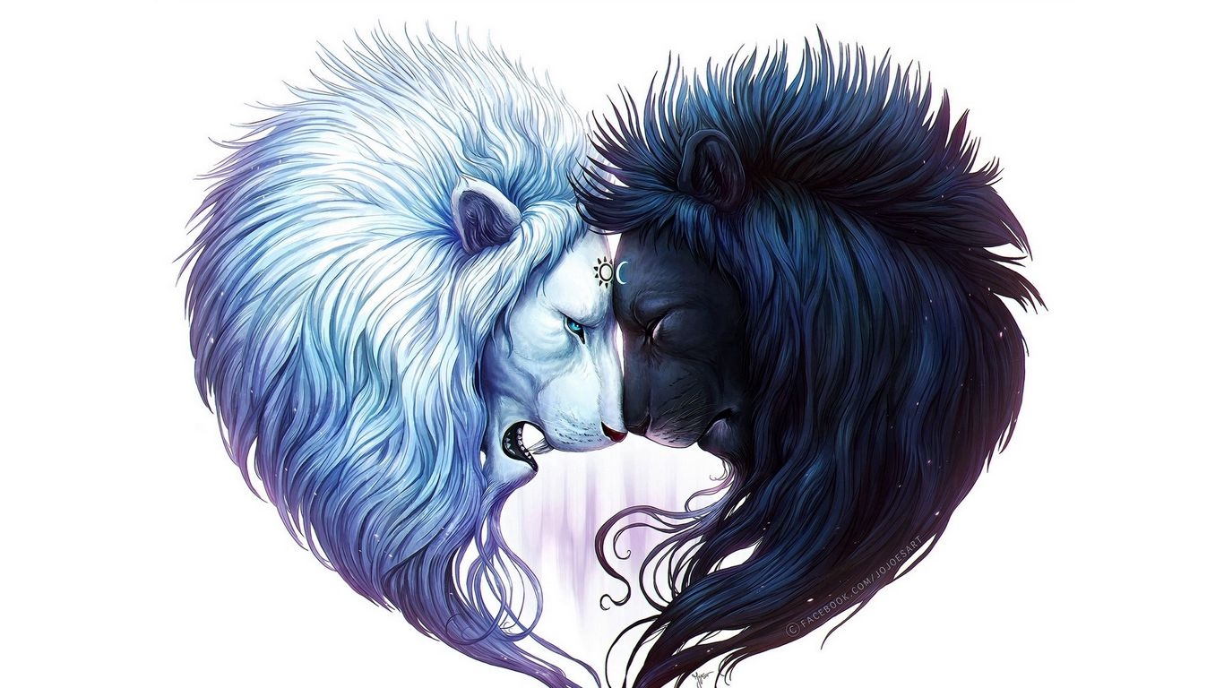 1370x770 Download wallpaper  digital art, white lion, black lion tablet, laptop HD background, Desktop