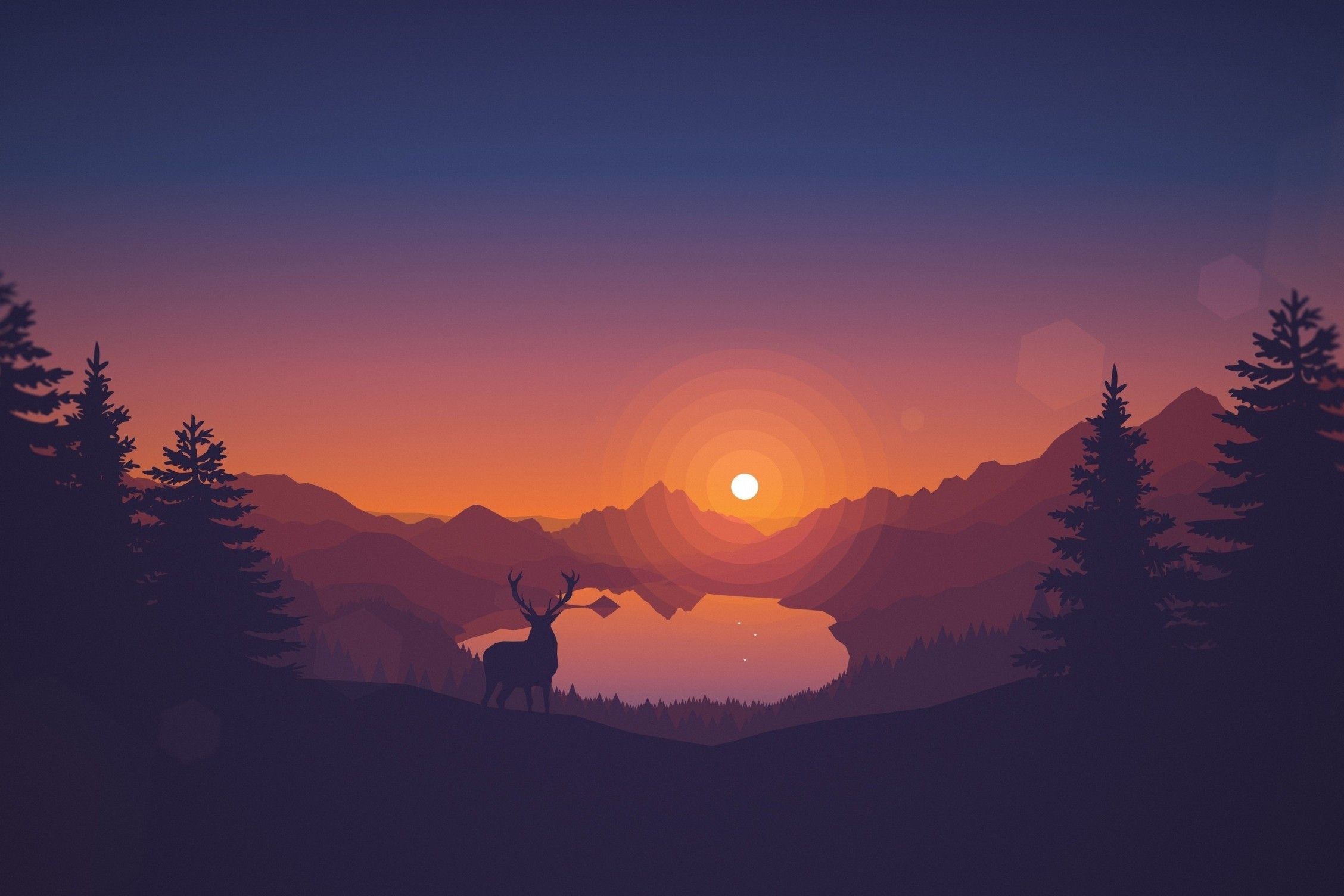 2260x1510 Download  Minimalism, Scenic, Toon Colors, Deer, Sun, Forest, Trees, Mountain Wallpaper, Desktop