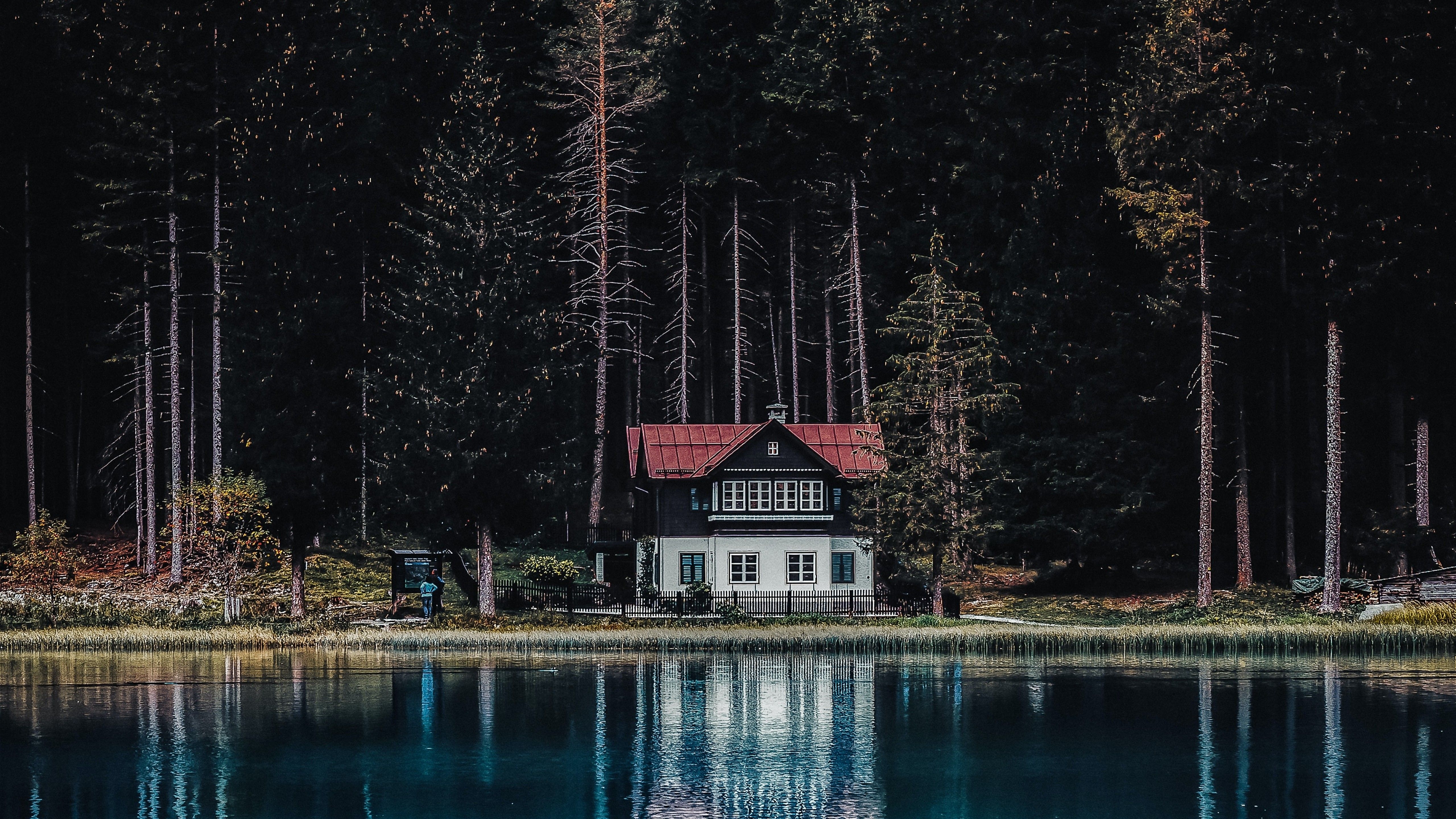 5120x2880 Dark Forest 4K Wallpaper, House, Tall Trees, Woods, Lake, Body of Water, Reflection, Landscape, Nature, Desktop