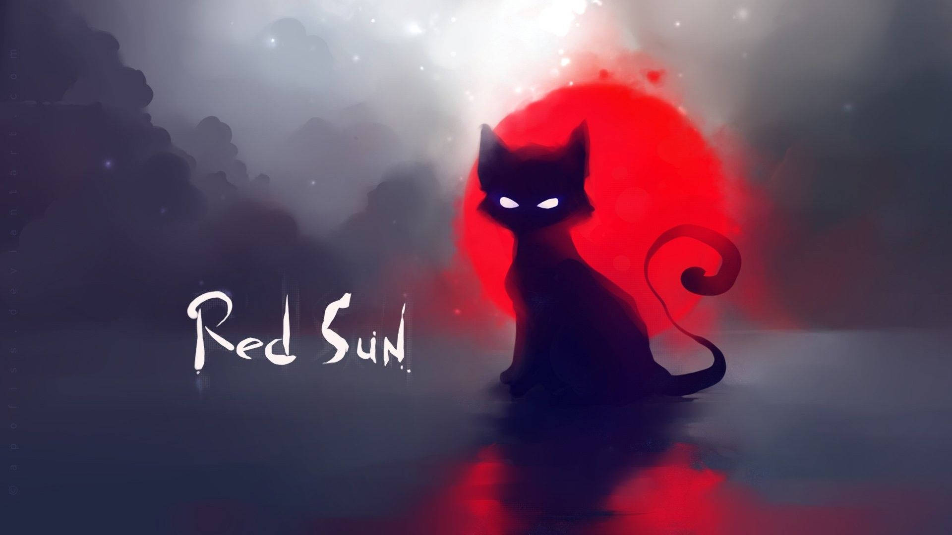 1920x1080 Download Cat Art Black Cat Red Sun Wallpaper, Desktop