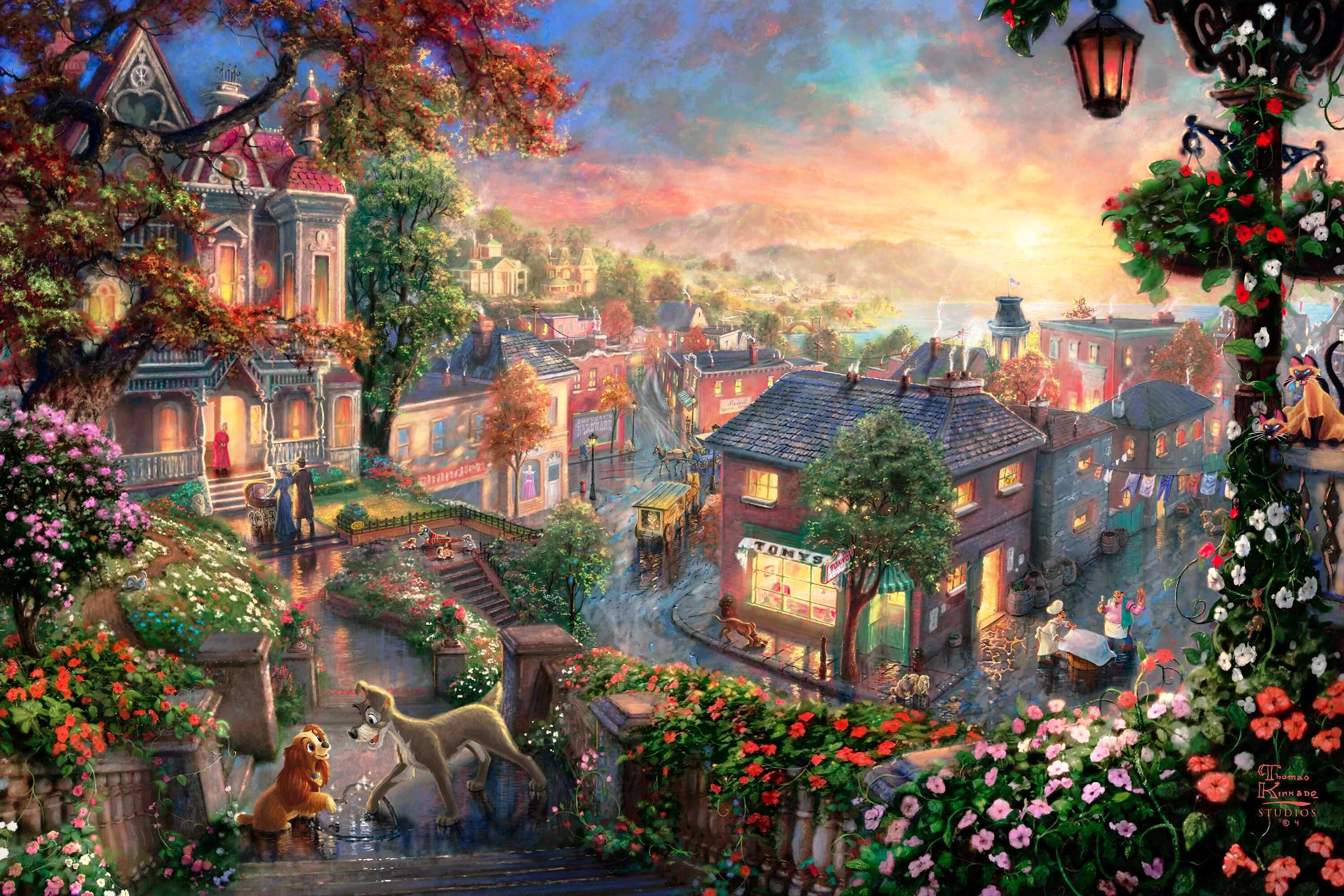 3000x2000 Wallpaper Lady and the Tramp, Thomas Kinkade, Thomas Kinkad background, Desktop