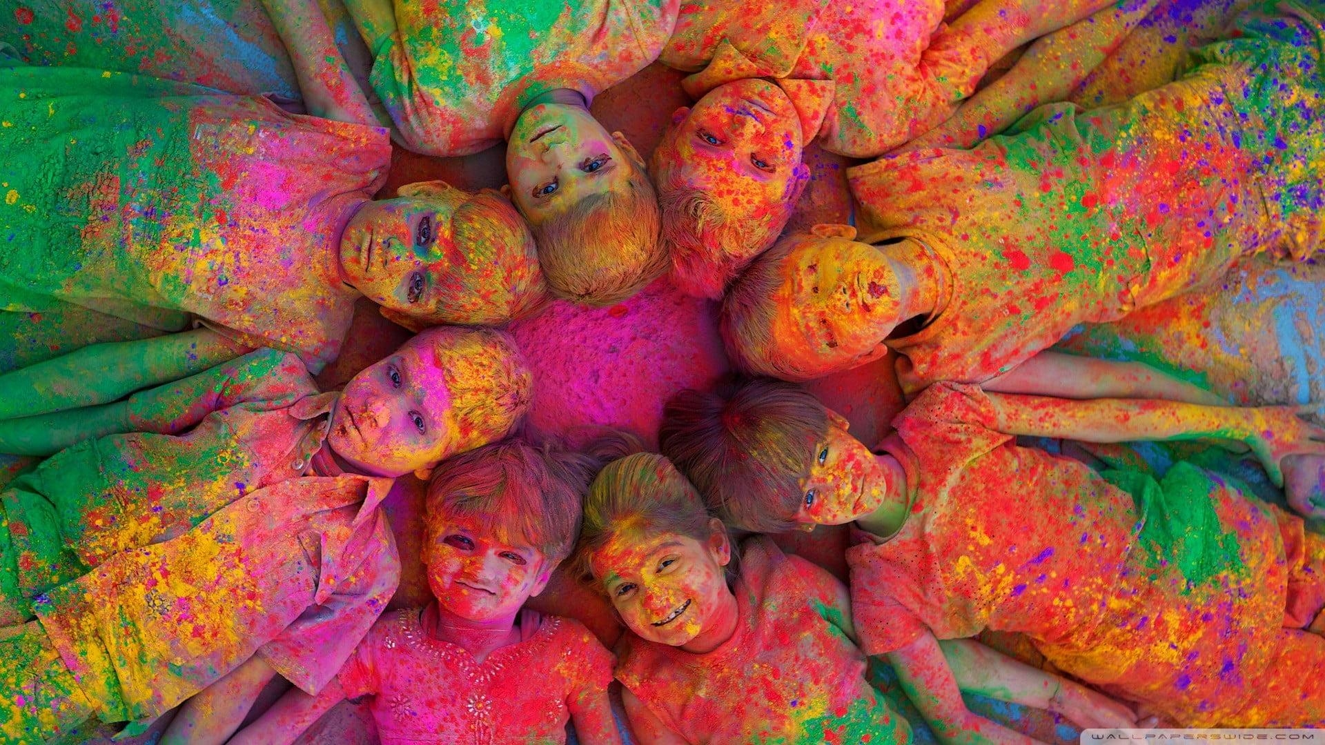 1920x1080 Painted children lying on ground, holi festival, colorful, Desktop