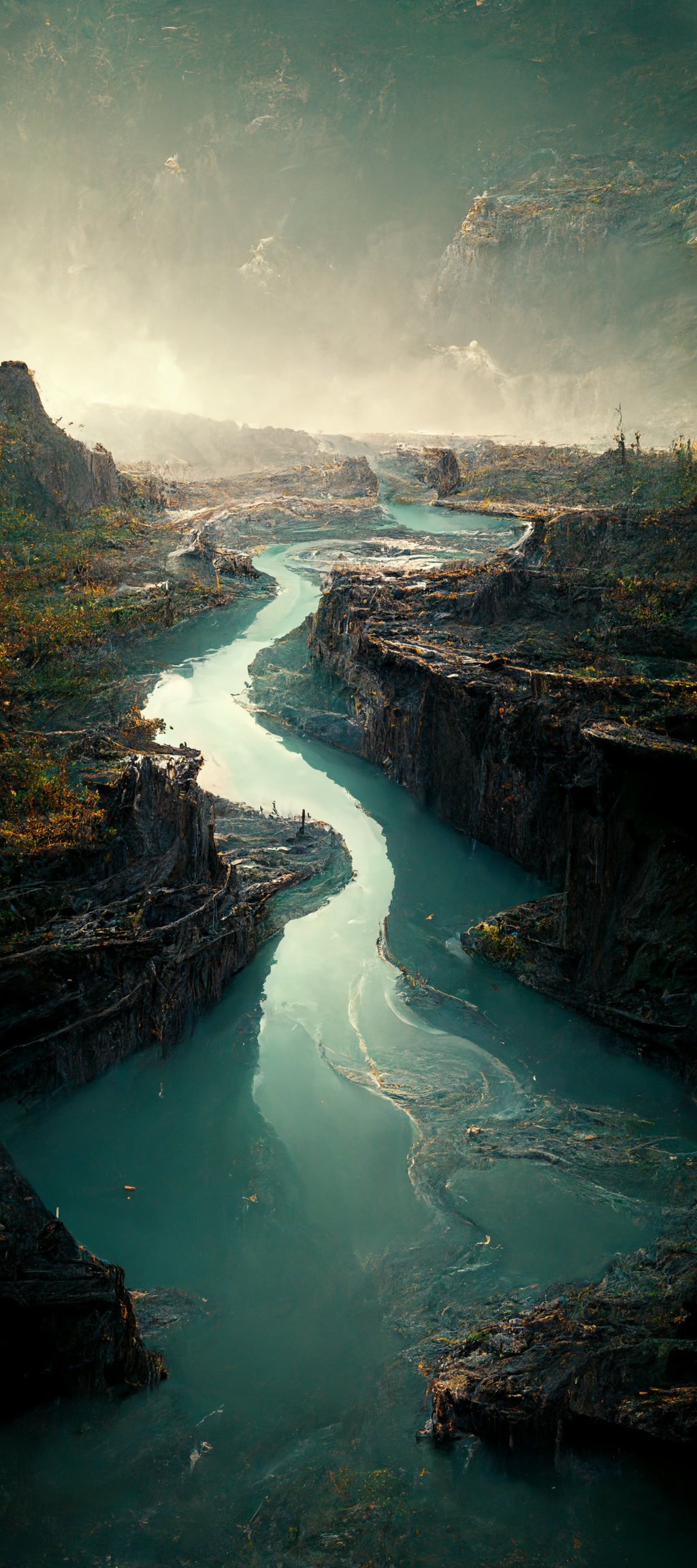 1030x2310 Landscape River Canyon Water Midjourney Ai Wallpaper:, Phone