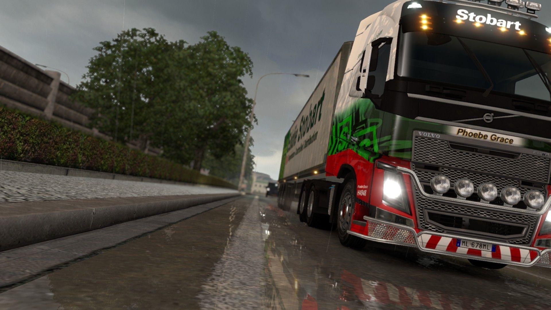 1920x1080 euro truck simulator 2 rain reflection truck lorry trees volvo fh16, Desktop