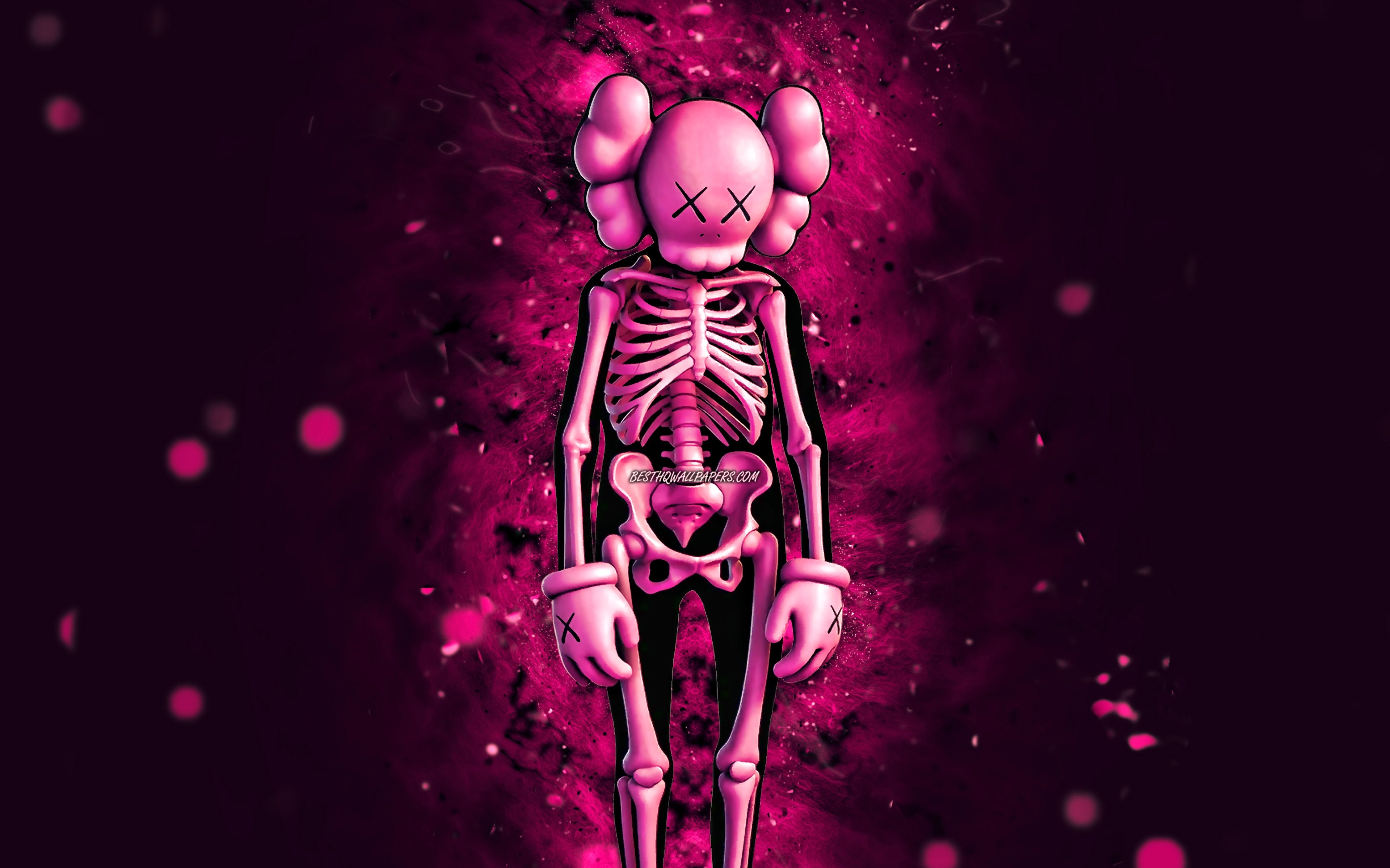 3840x2400 Download wallpaper Pink KAWS Skeleton, 4k, purple neon lights, Fortnite Battle Royale, Fortnite characters, Pink KAWS Skeleton Skin, Fortnite, Pink KAWS Skeleton Fortnite for desktop with resolution. High Quality HD picture, Desktop