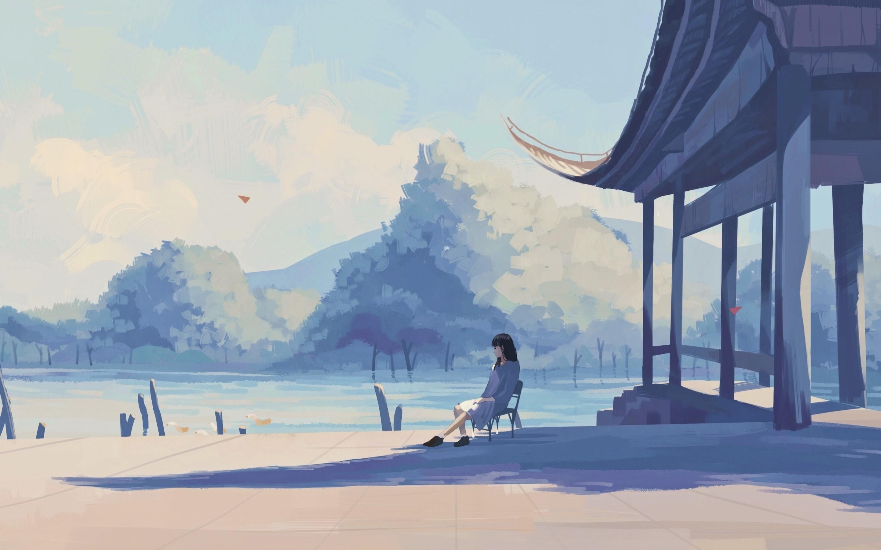 2880x1800 Download  Lonely Anime Girl, Lake, Pastel Colors, Shadow, Desktop