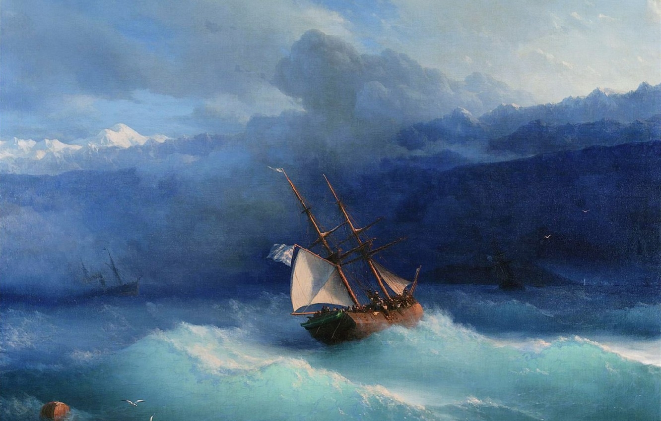 1340x850 Wallpaper ship, picture, sail, seascape, Ivan Aivazovsky, Along The Coast image for desktop, section живопись, Desktop