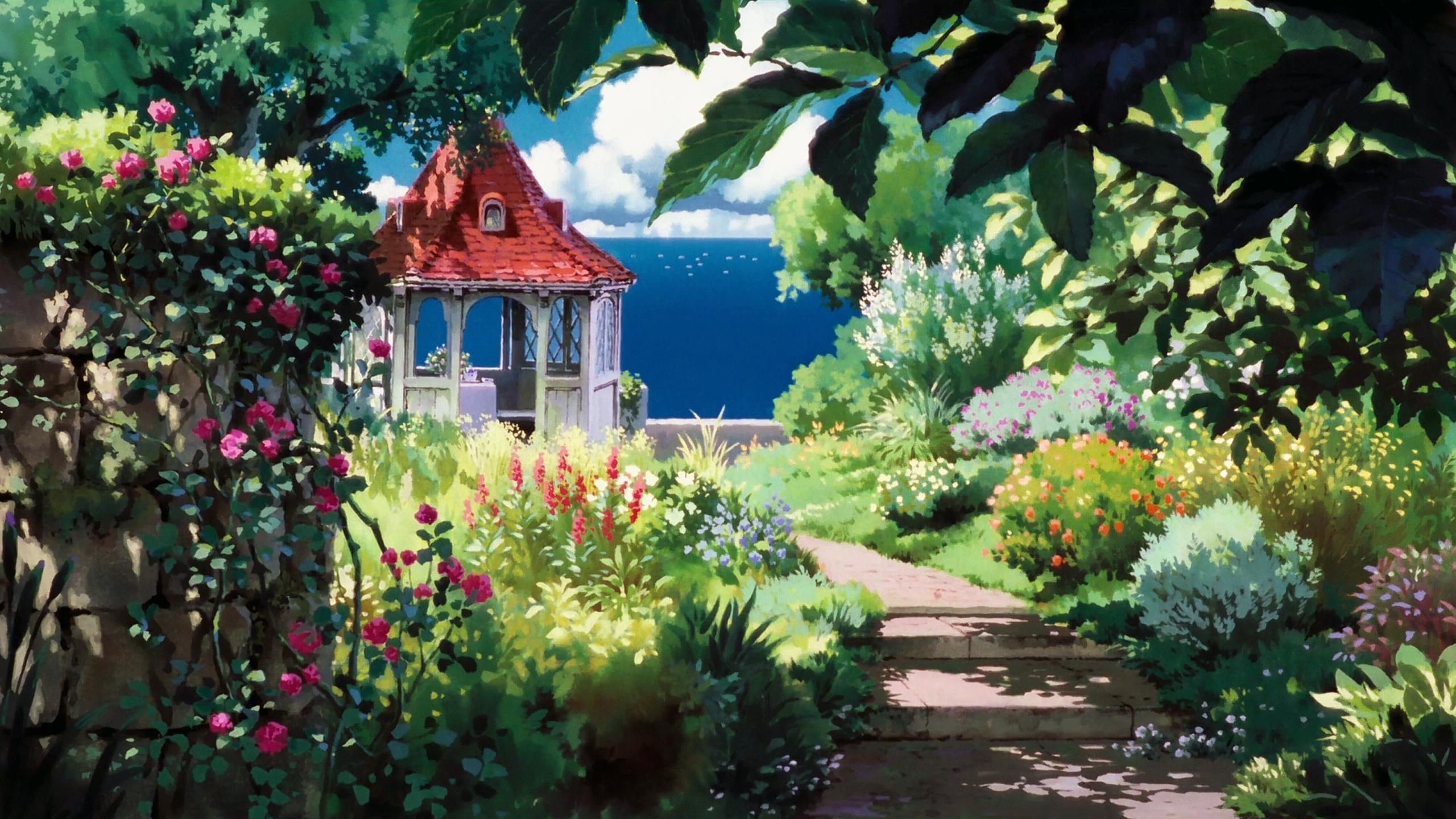 The garden of Hotel Ariano from Porco Rosso, Studio Ghibli Wallpaper, 2560x1440, Desktop Wallpaper, Anime