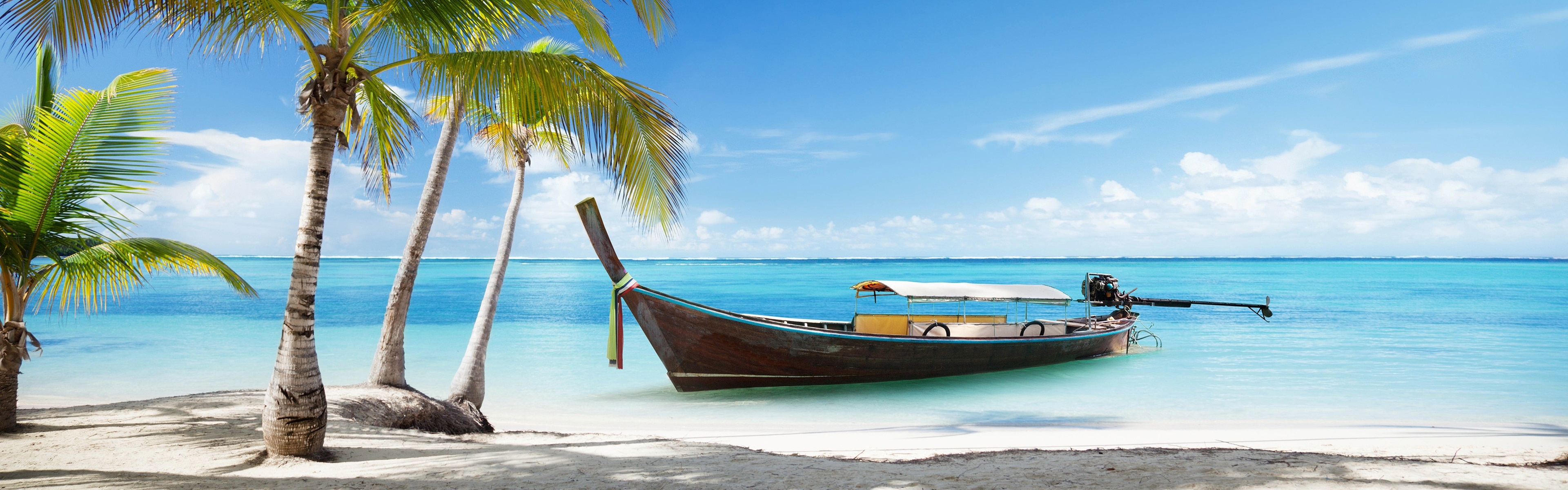 3840x1200 Wallpaper Thailand, beach, palms trees, sea, boat 3840x2160 UHD 4K, Dual Screen