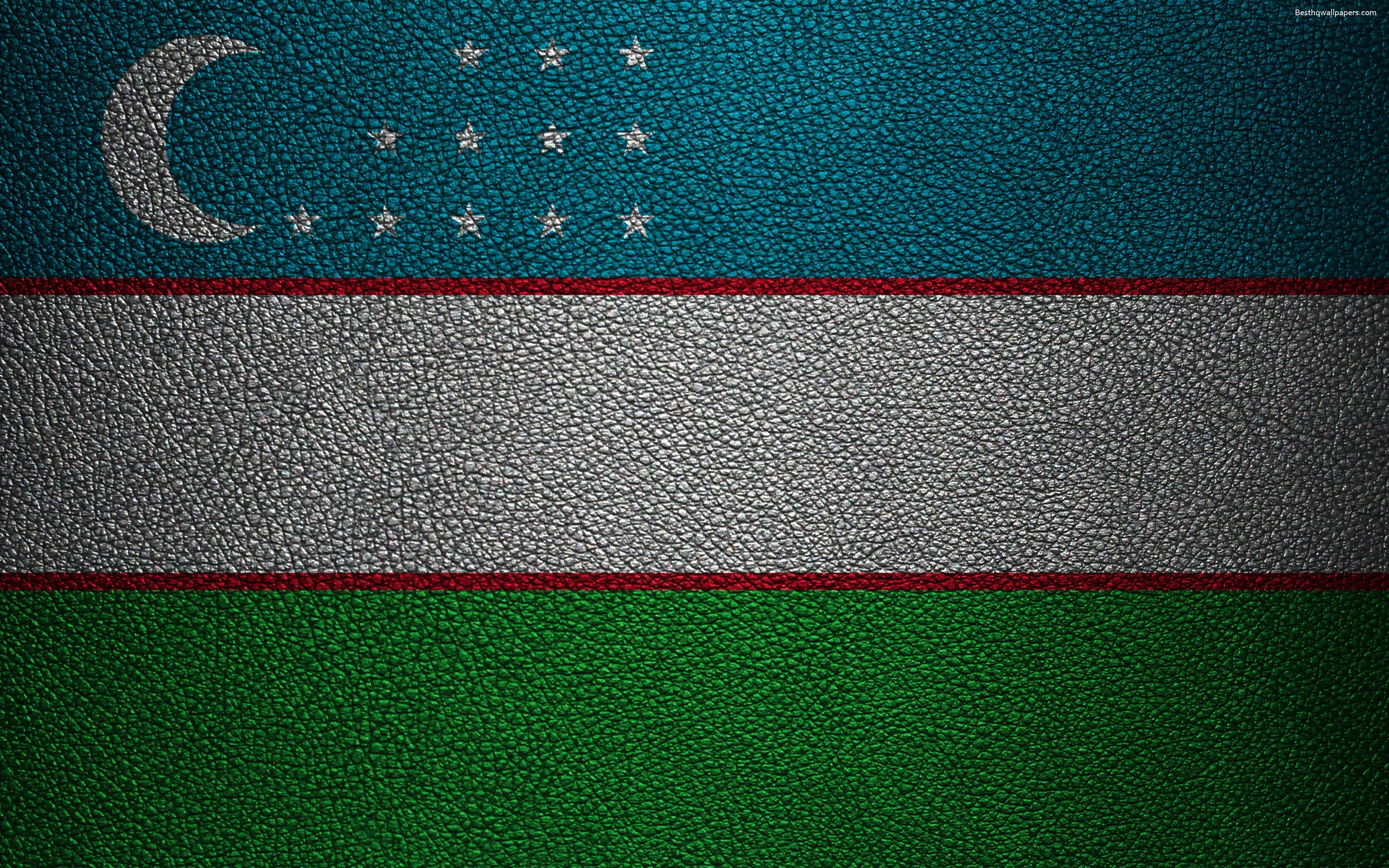 3840x2400 Download wallpaper Flag of Uzbekistan, 4k, leather texture, Uzbek, Desktop