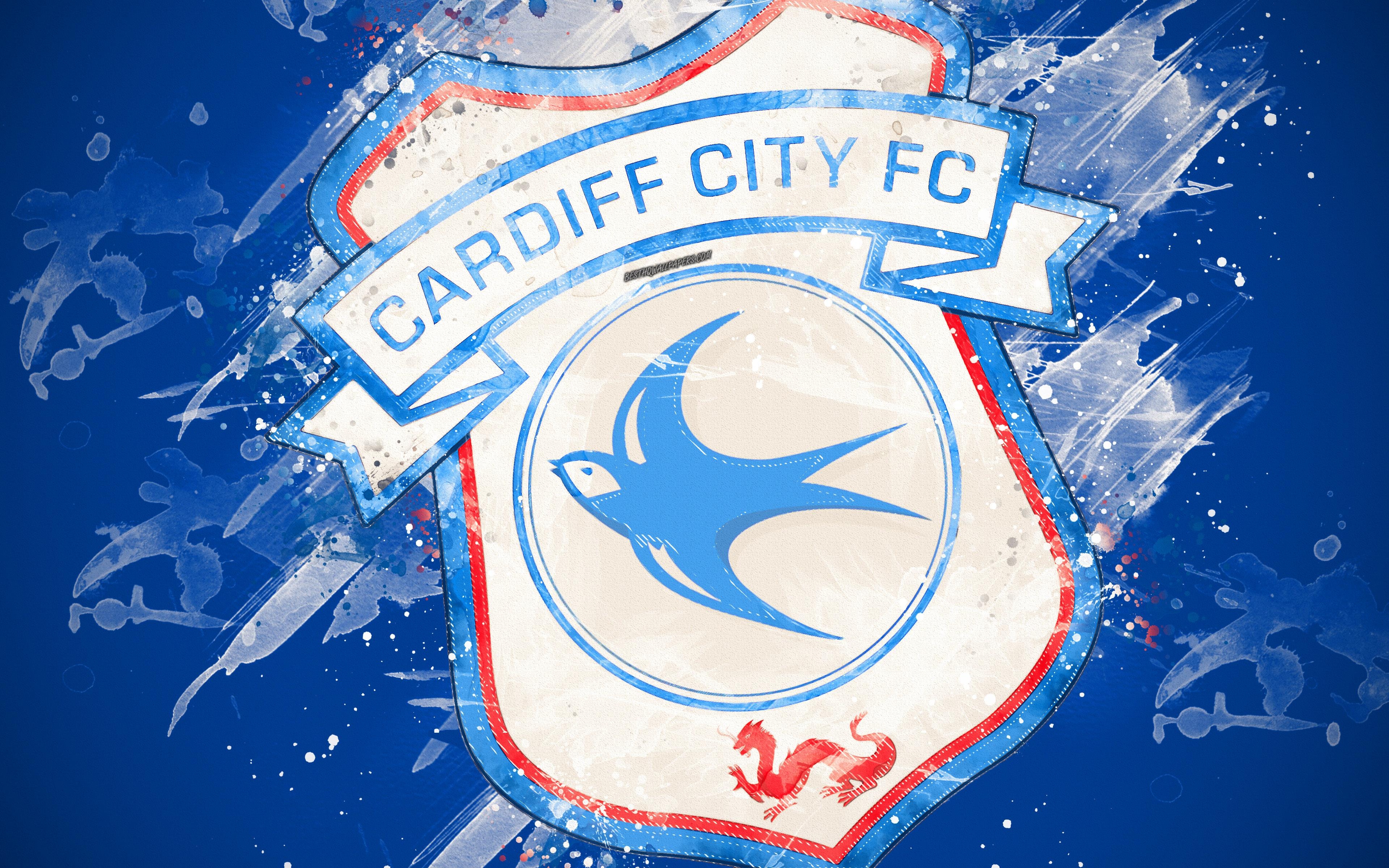 3840x2400 Download wallpaper Cardiff City FC, 4k, paint art, logo, creative, Desktop