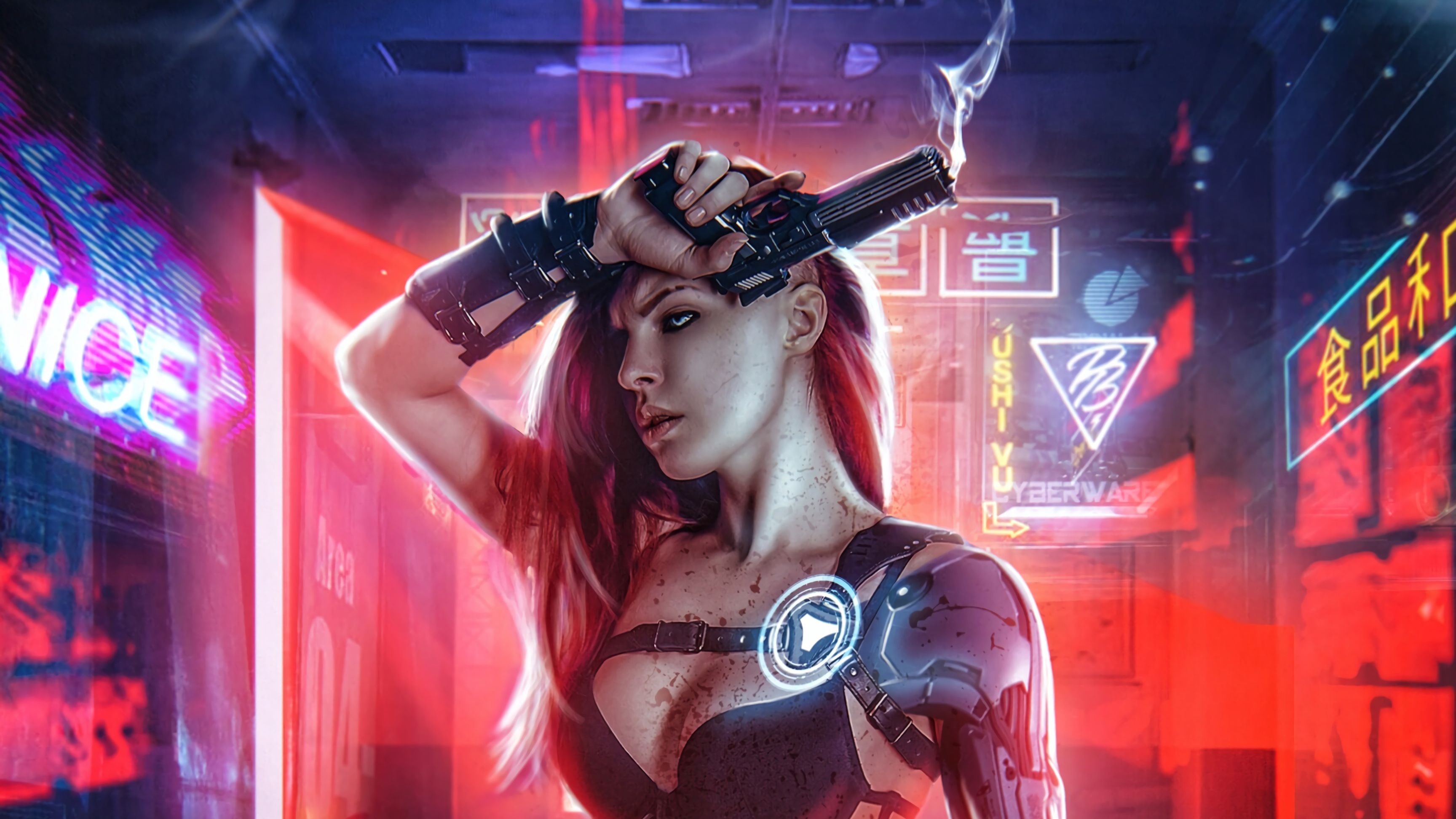 3460x1950 Cyberpunk Girl With Gun 4k, HD Artist, 4k Wallpaper, Image, Background, Photo and Picture, Desktop