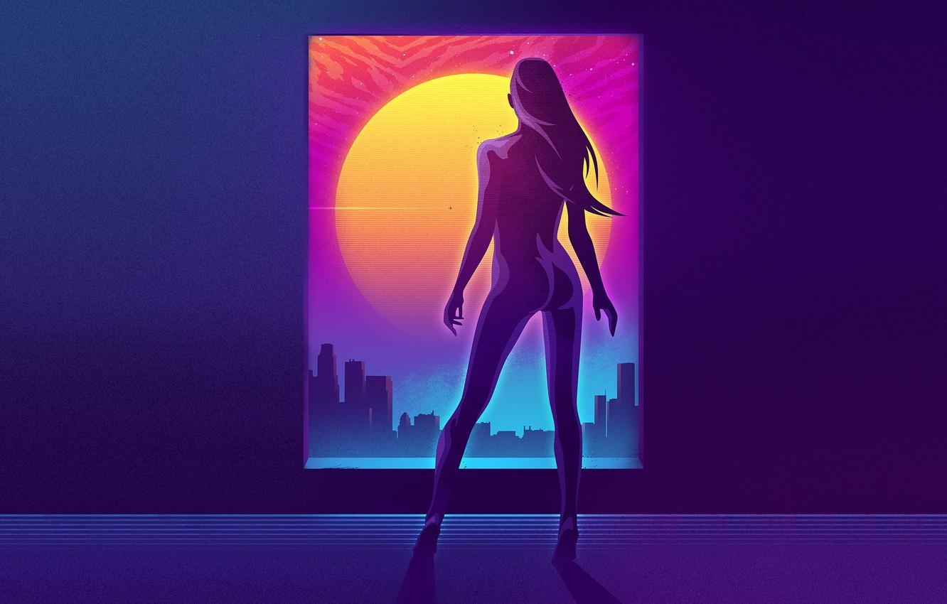 1340x850 Wallpaper The sun, Girl, Music, Star, Background, 80s, Neon, Desktop