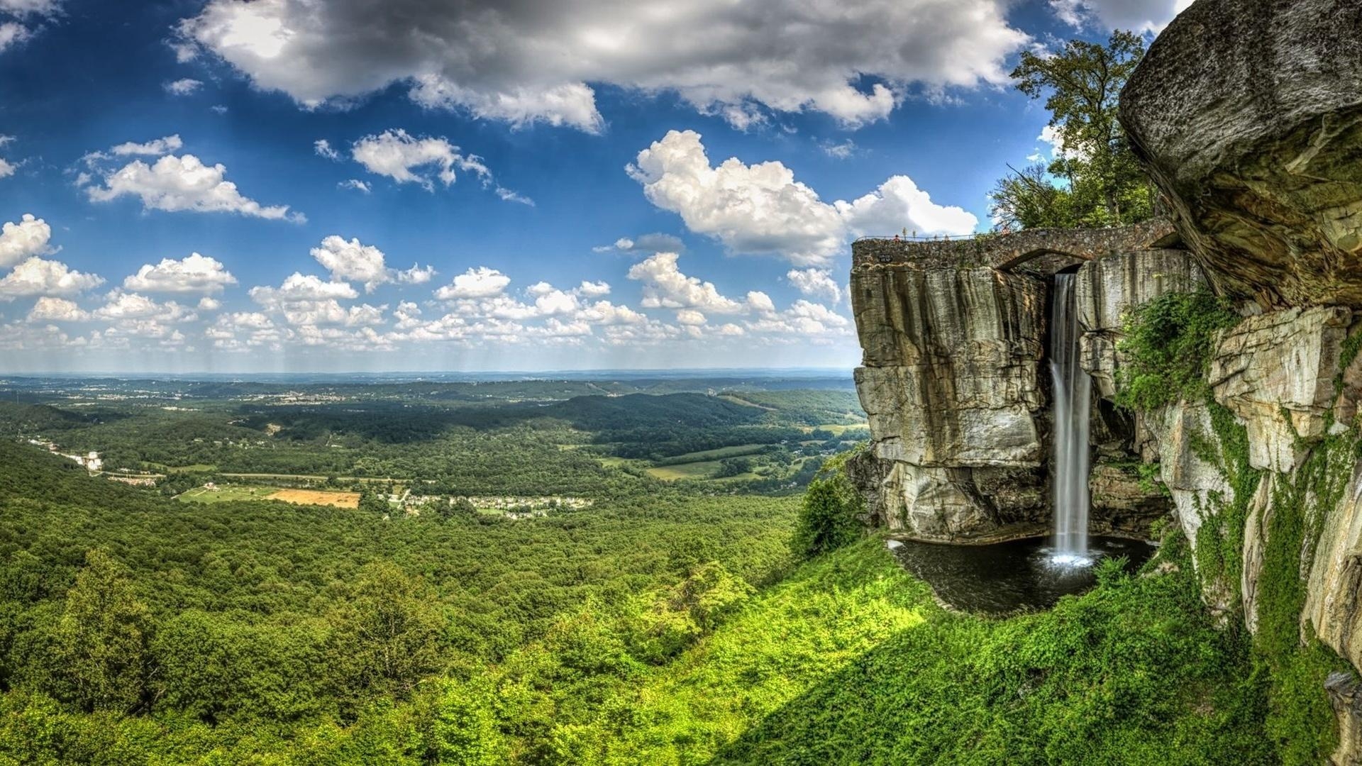 1920x1080 Wallpaper clouds, rock city, waterfall, georgia, usa, tennessee, Desktop