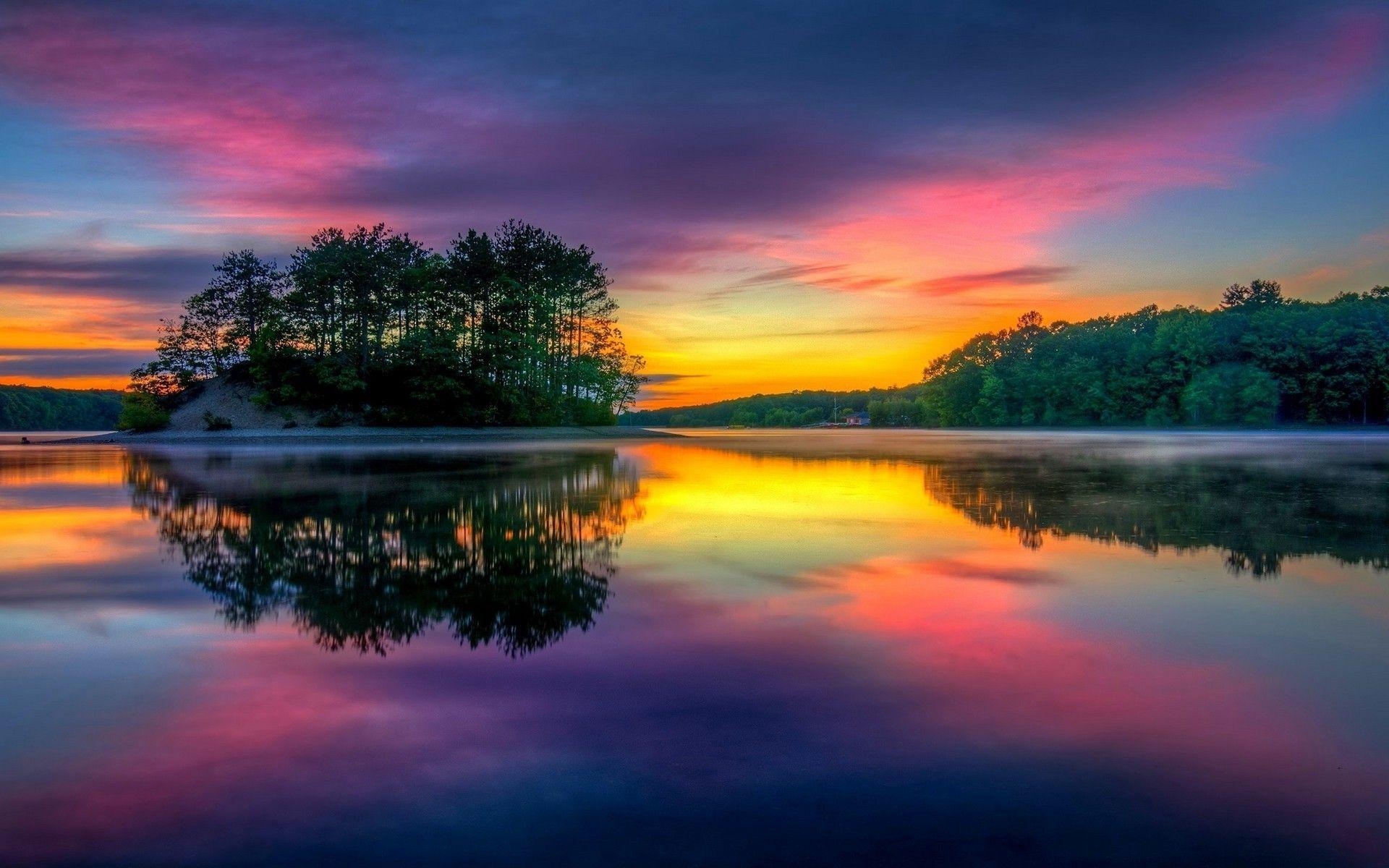 1920x1200 sunrise, Colorful, Lake, Island, Nature, Landscape, Reflection, Desktop