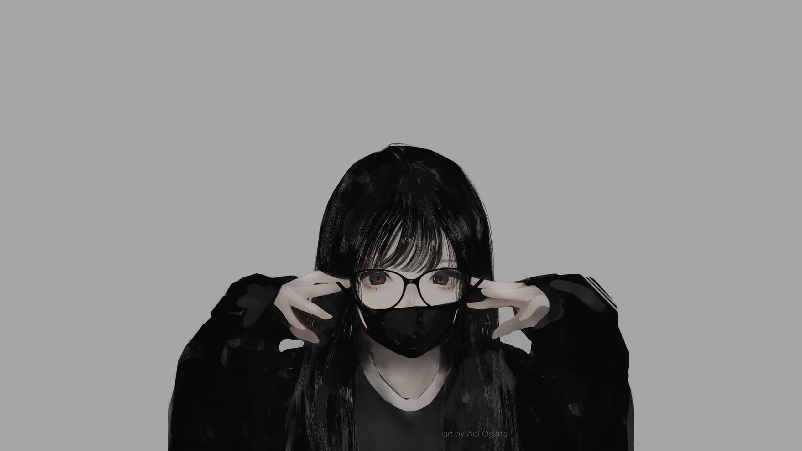 2560x1440 glasses #minimalism #monochrome #mask Aoi Ogata anime girls #anime, Desktop