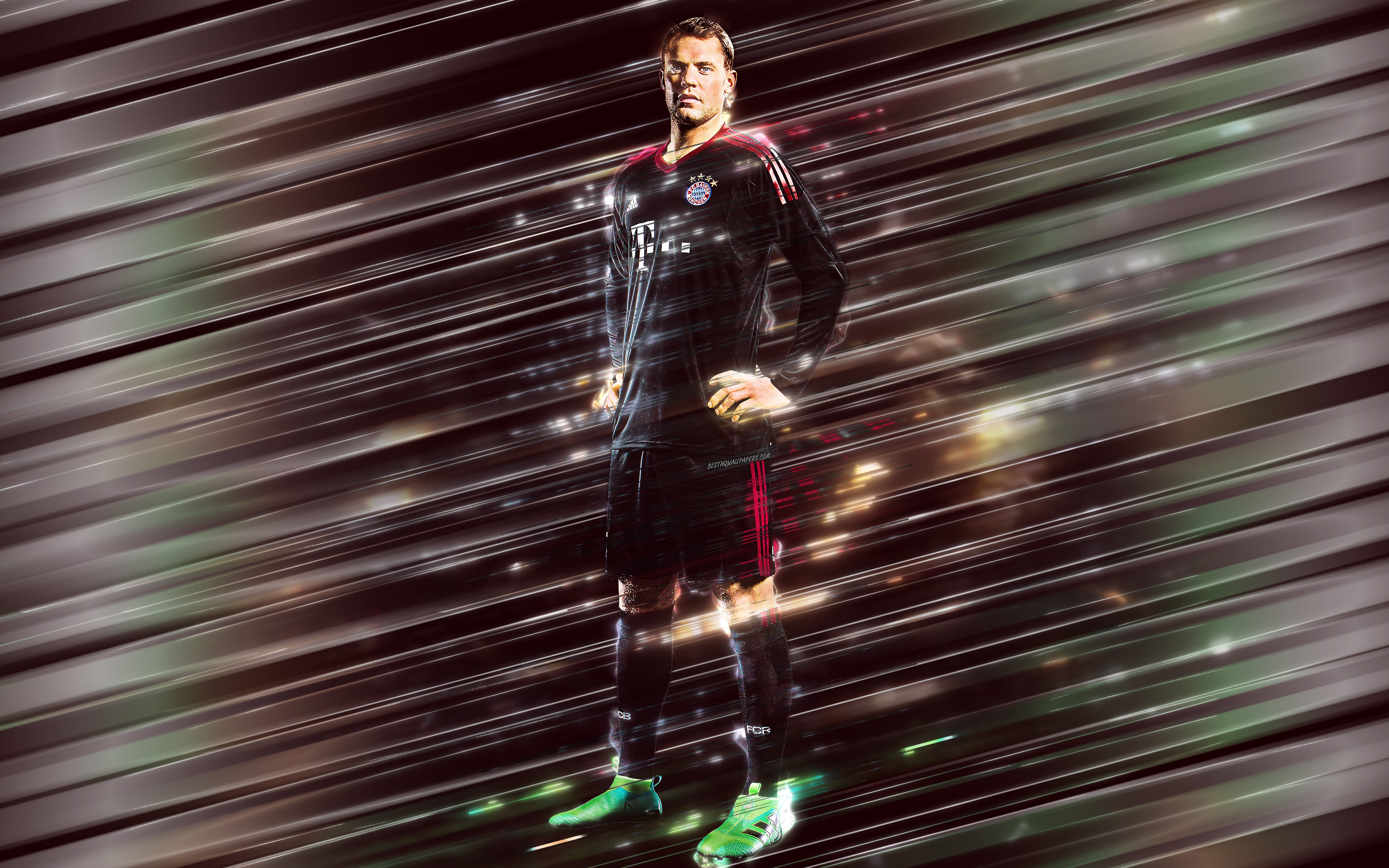 3840x2400 Download wallpaper Manuel Neuer, 4k, creative art, blades style, goalkeeper, captain, Bayern Munich, German footballer, Bundesliga, Germany, red background, lines art, football for desktop with resolution. High Quality HD picture wallpaper, Desktop