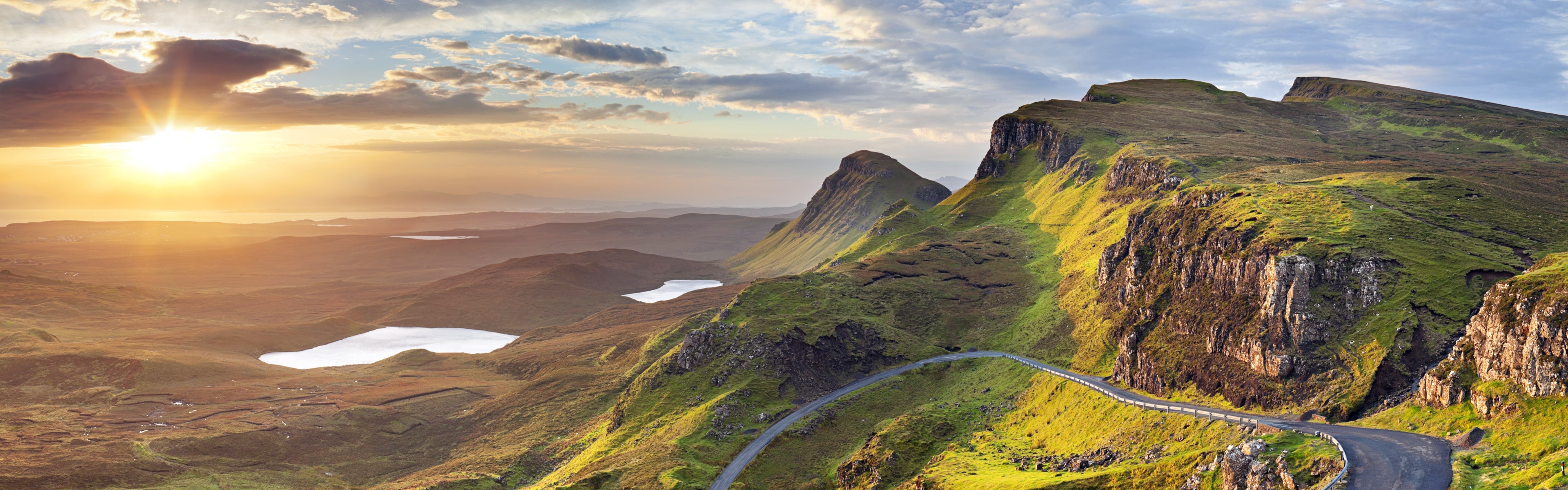 3840x1200 Wallpaper Sunrise, Quiraing, Isle of Skye, Scotland, UK, mountains, Dual Screen