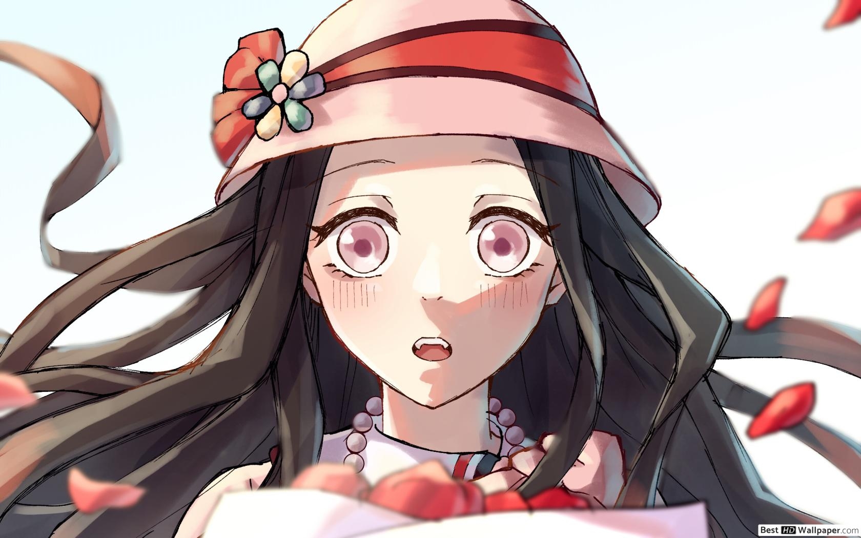 1680x1050 Nezuko with a pretty hat receives a flower bouquet HD wallpaper download, Desktop