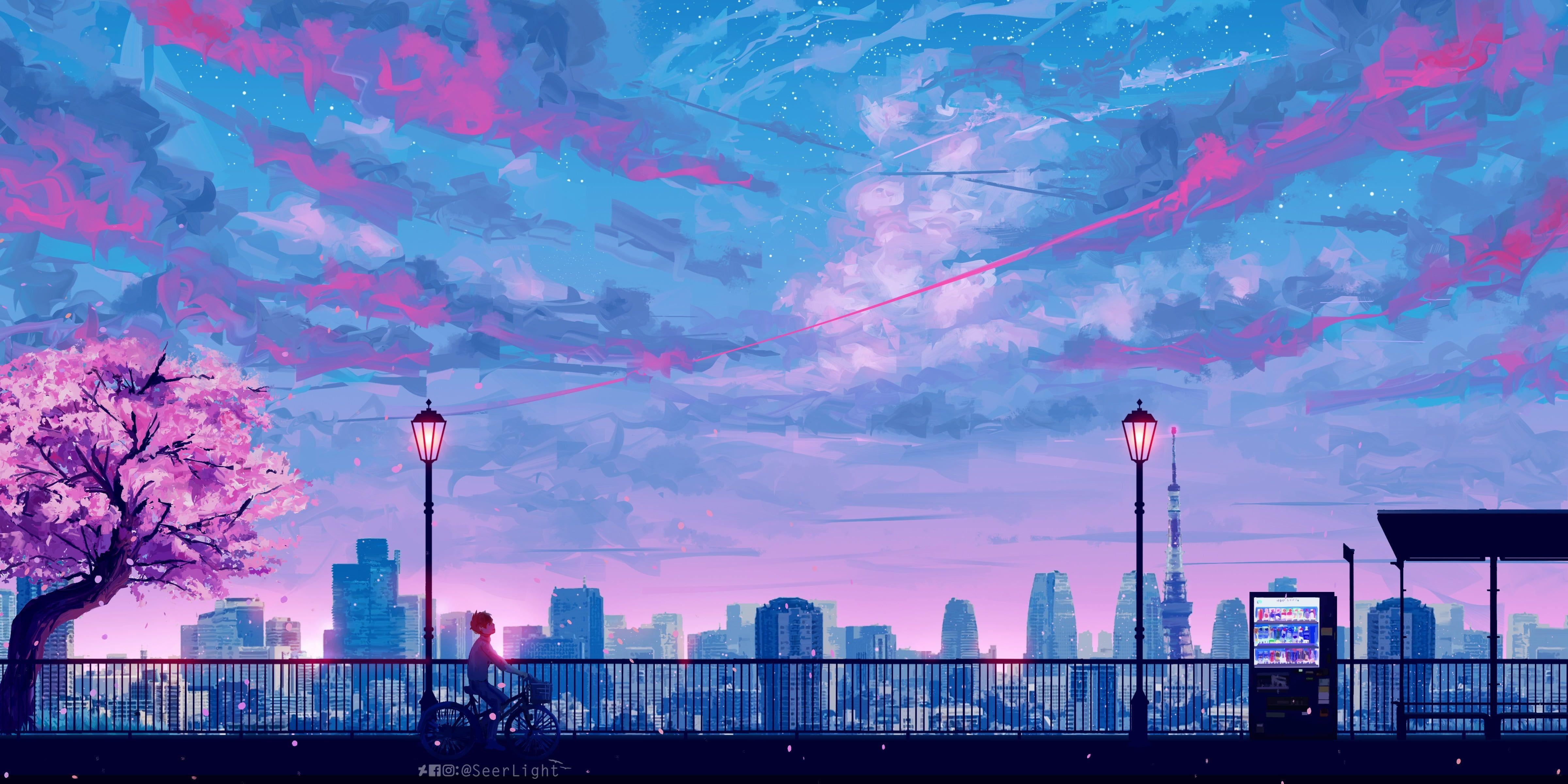 4800x2400 silhouette of steel ridge wallpaper, blue and pink sky painting #illustration #city #anime #paintin. Cityscape wallpaper, Desktop wallpaper art, Scenery wallpaper, Dual Screen