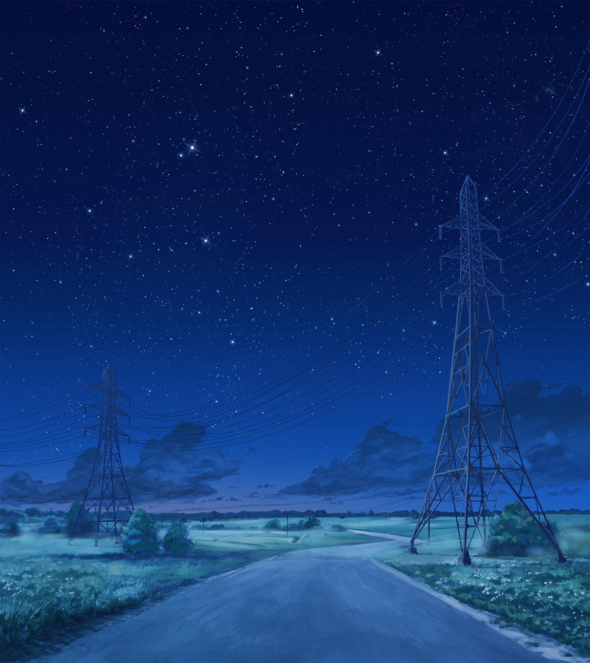 1920x2160 Wallpaper, Everlasting Summer, Soviet Games everlasting Summer, CG, power lines, road, night, stars, clouds, visual novel, Phone