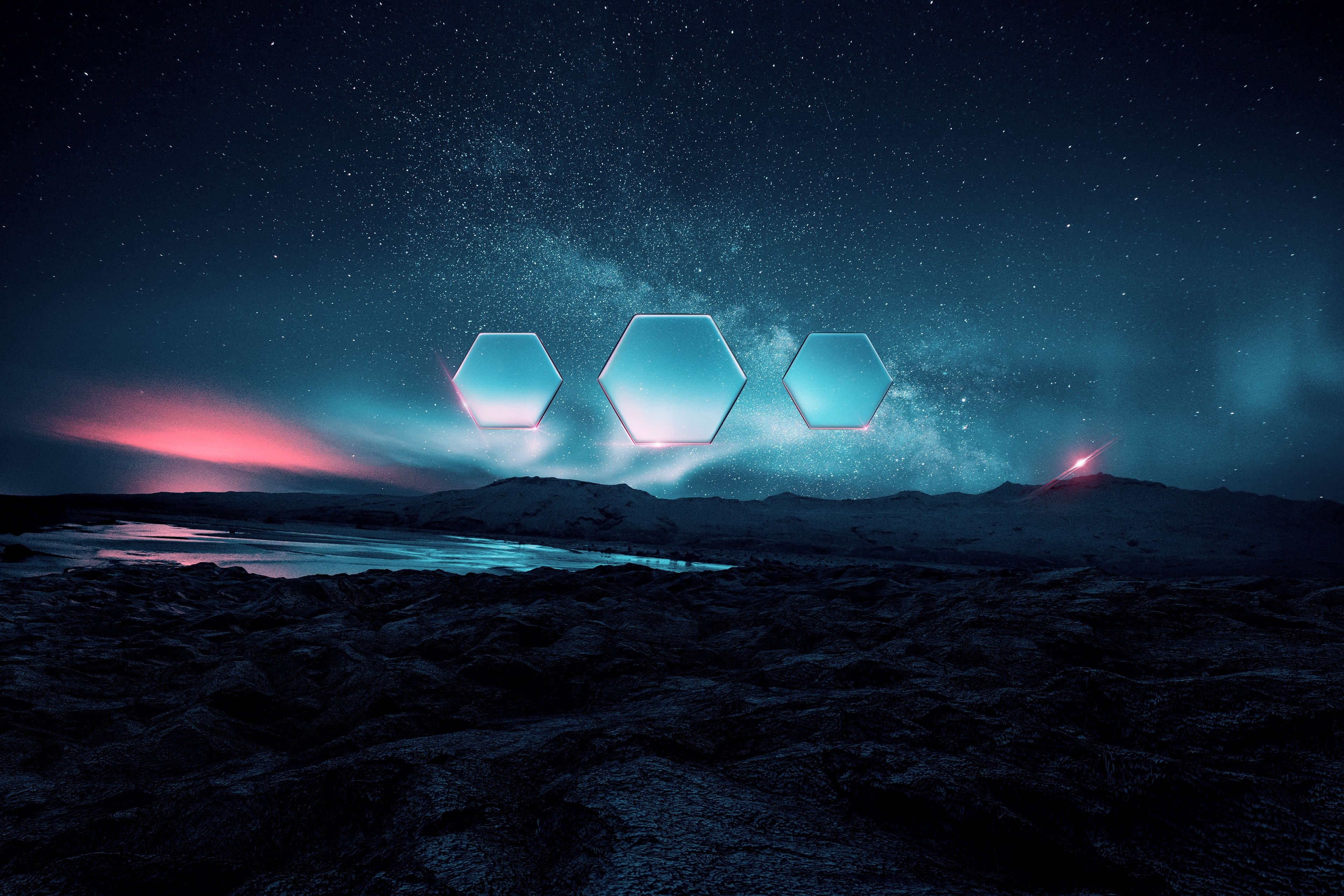 3840x2560 Night 4K Wallpaper, Landscape, Aurora Borealis, Hexagons, Starry sky, Fusion, Nature, Desktop