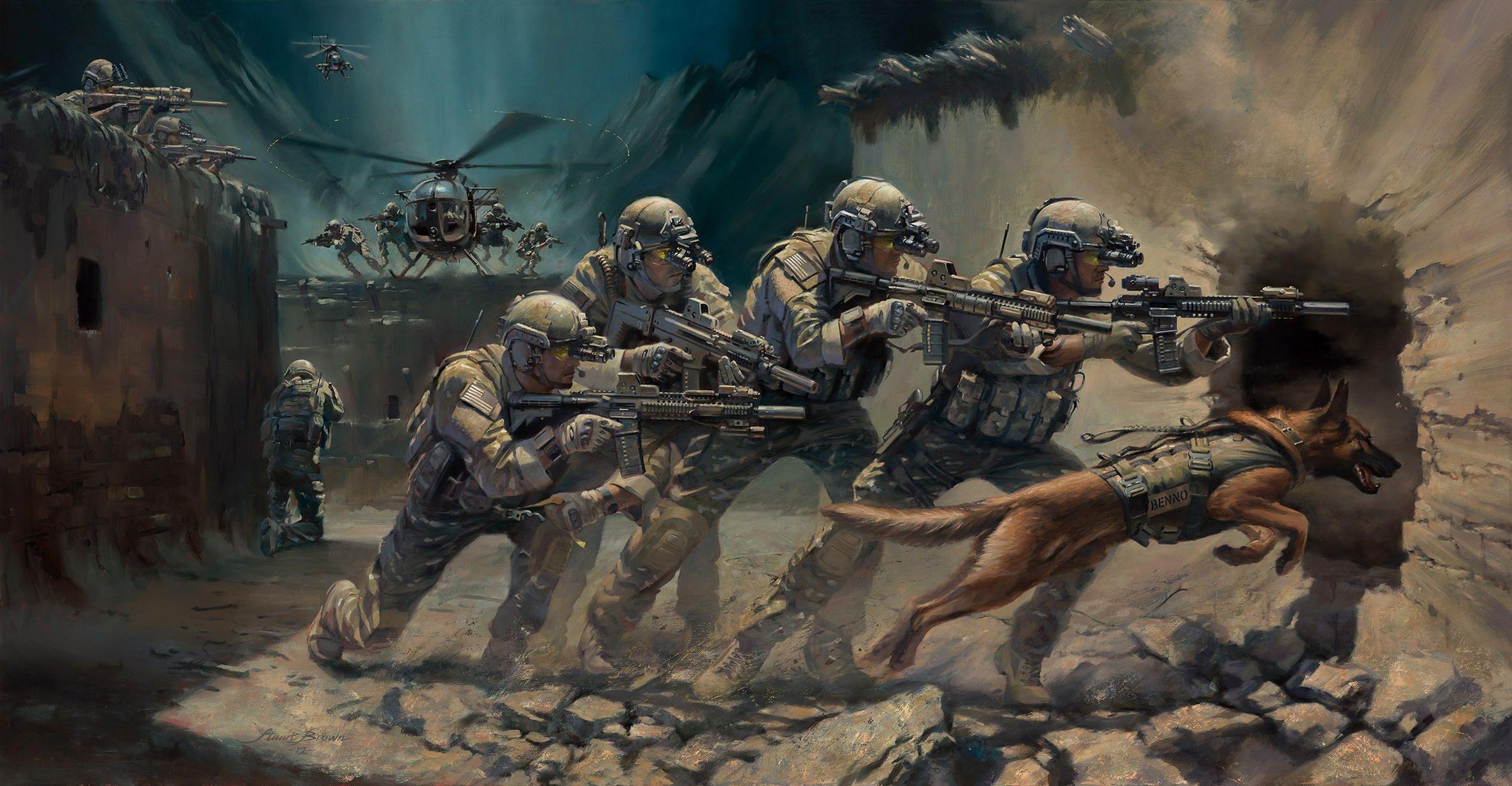 2370x1230 Download wallpaper art, soldiers, special forces, assault rifles, Desktop