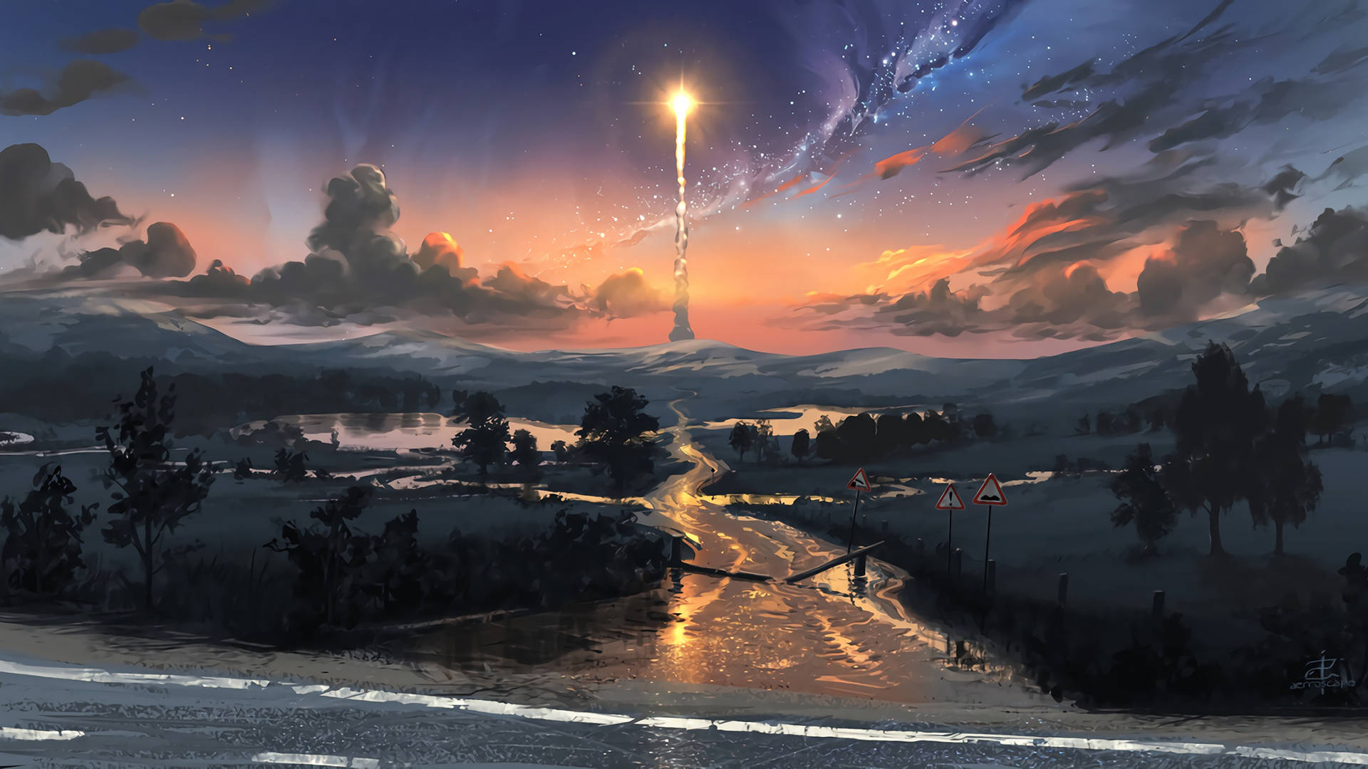 1920x1080 Download Rocket On Landscape Digital Art Wallpaper, Desktop