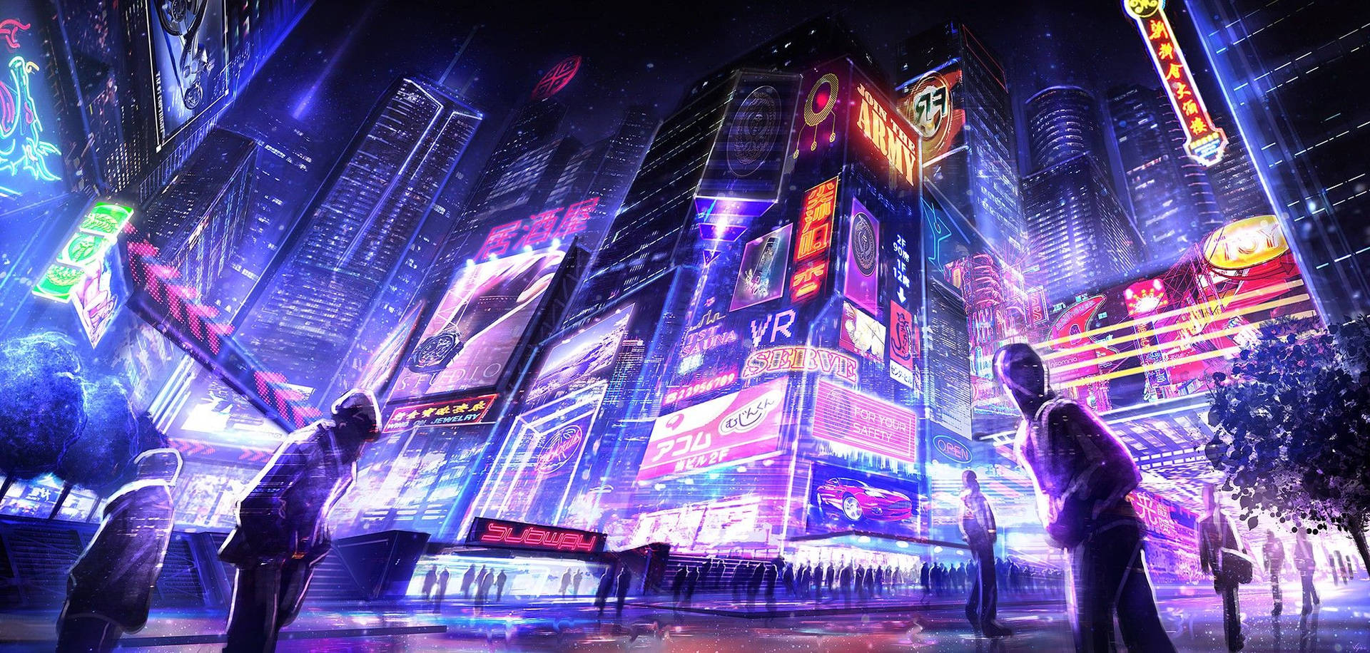 1920x920 Download Cyberpunk City Purple Streets Japan Wallpaper, Dual Screen