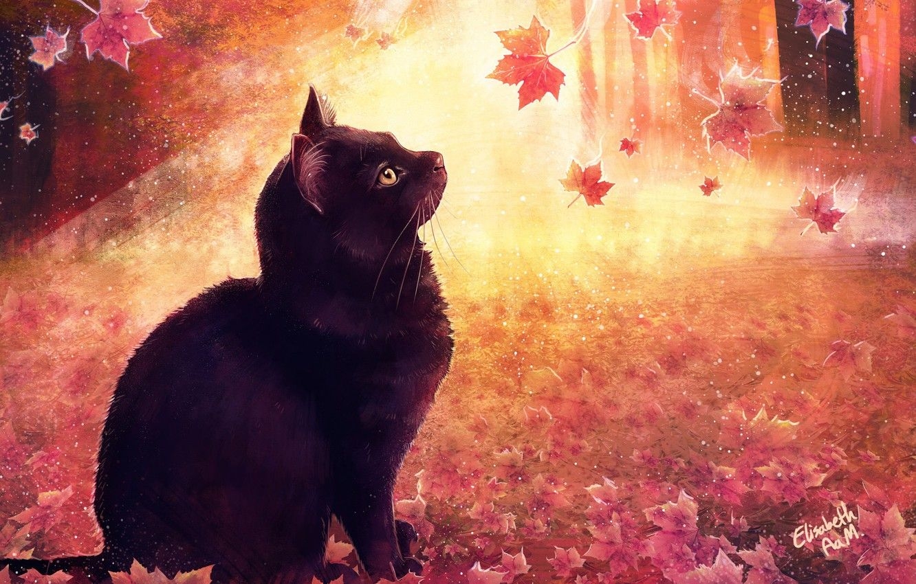 1340x850 Wallpaper Figure, Cat, Autumn, Leaves, Cat, Art, Cat, Illustration, Animal, Cats, Elisabeth Aarebrot Madsen, by Elisabeth Aarebrot Madsen, Autumn cats image for desktop, section арт, Desktop