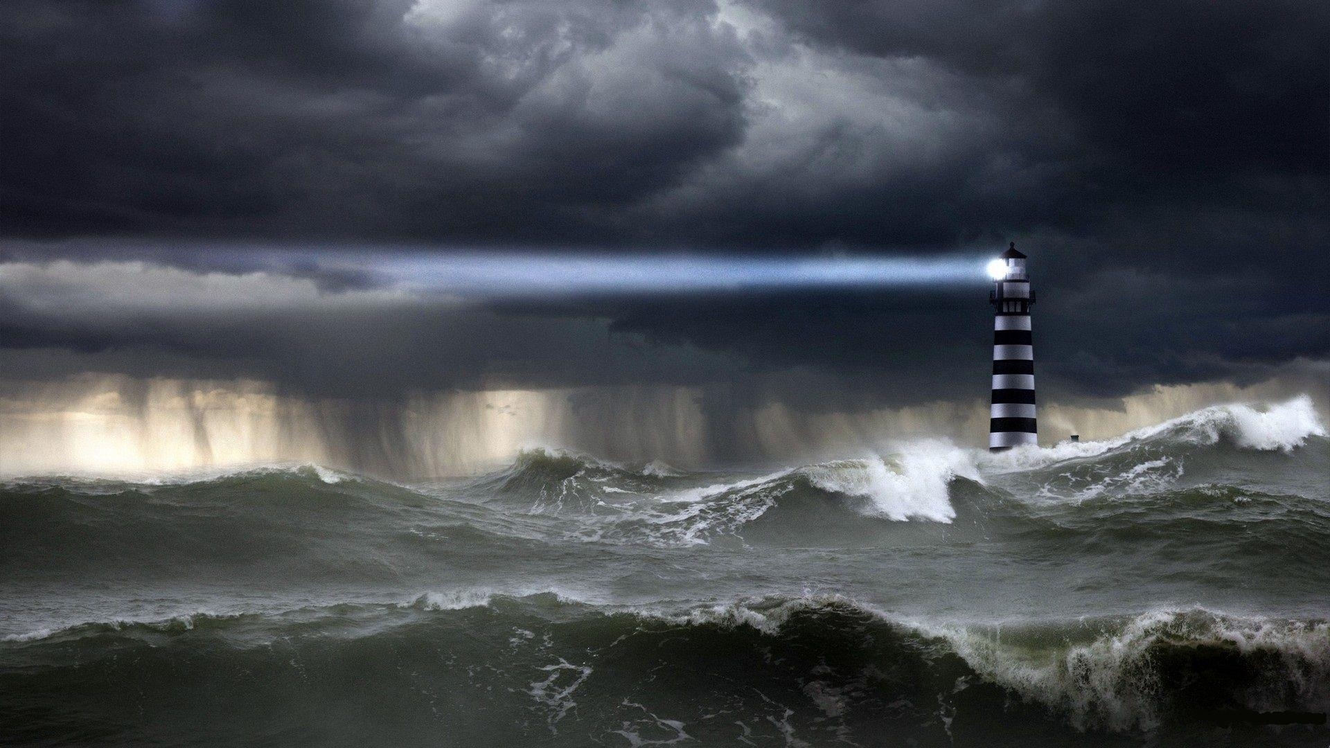 1920x1080 Stormy Seas with Lighthouse and Moon Picture. Lighthouse Shining, Desktop