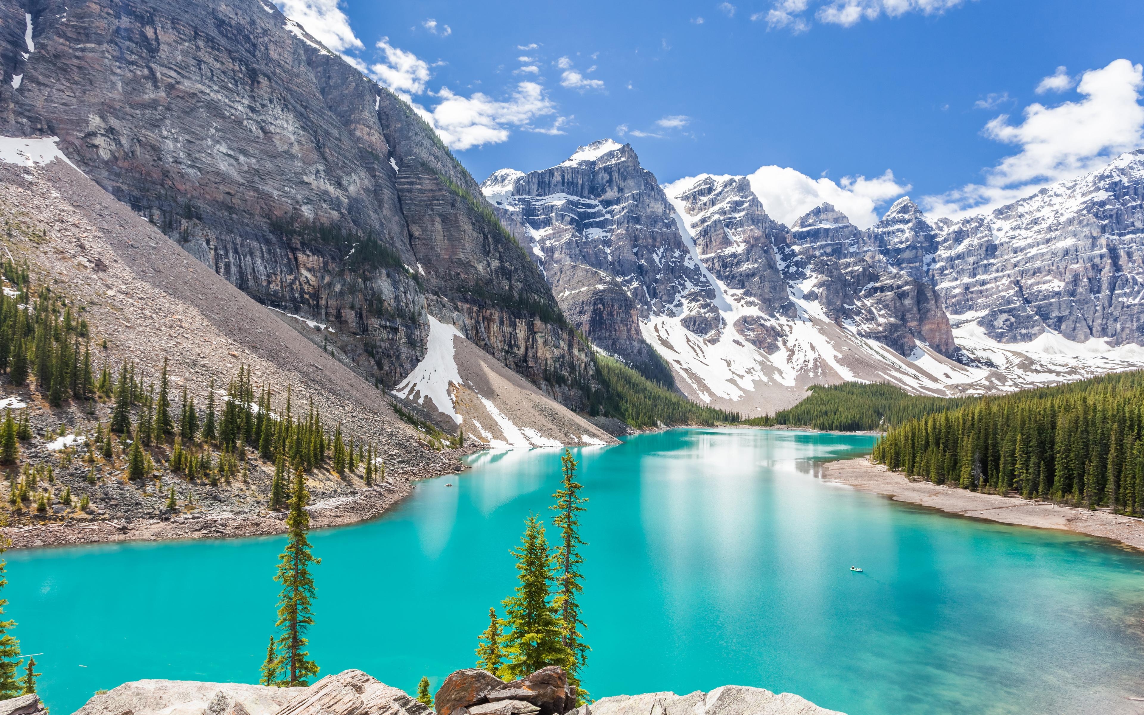 3840x2400 Download wallpaper Moraine lake, 4k, summer, Banff National Park, Desktop