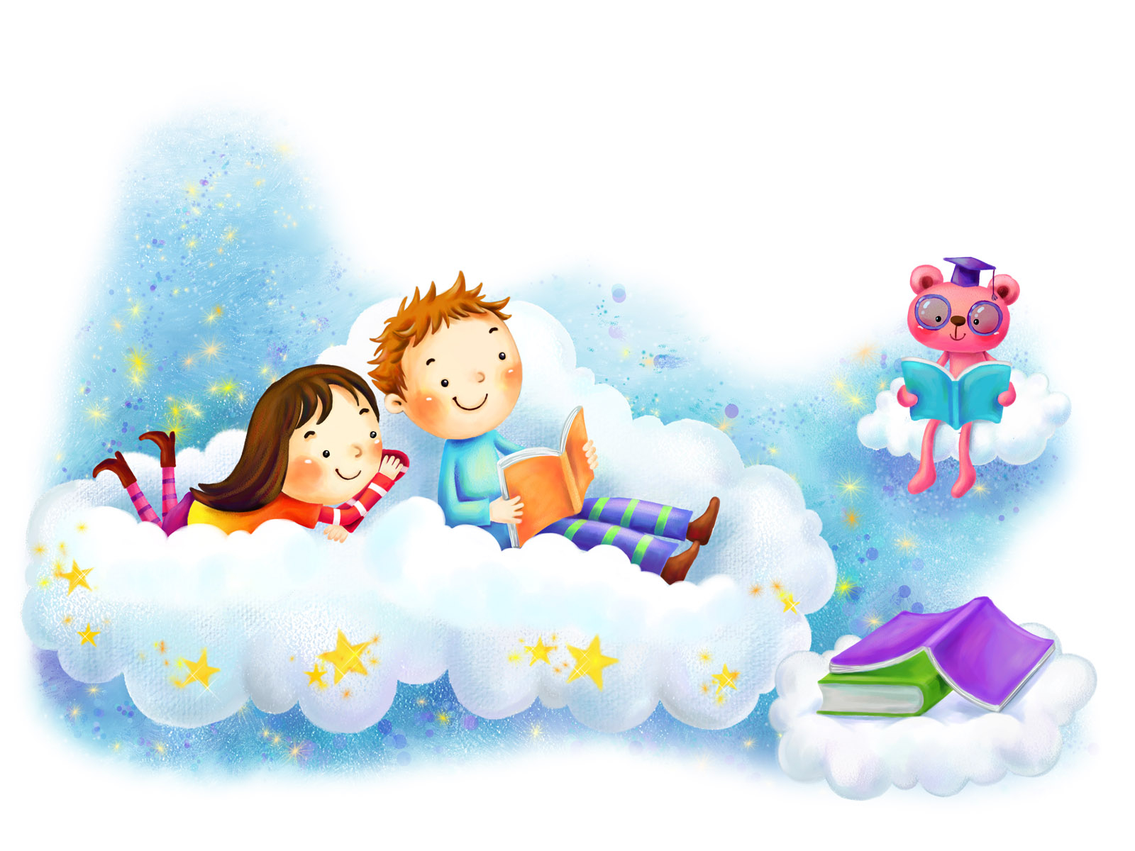 1600x1200 Cute Cartoon kids reading books on clouds free image download, Desktop