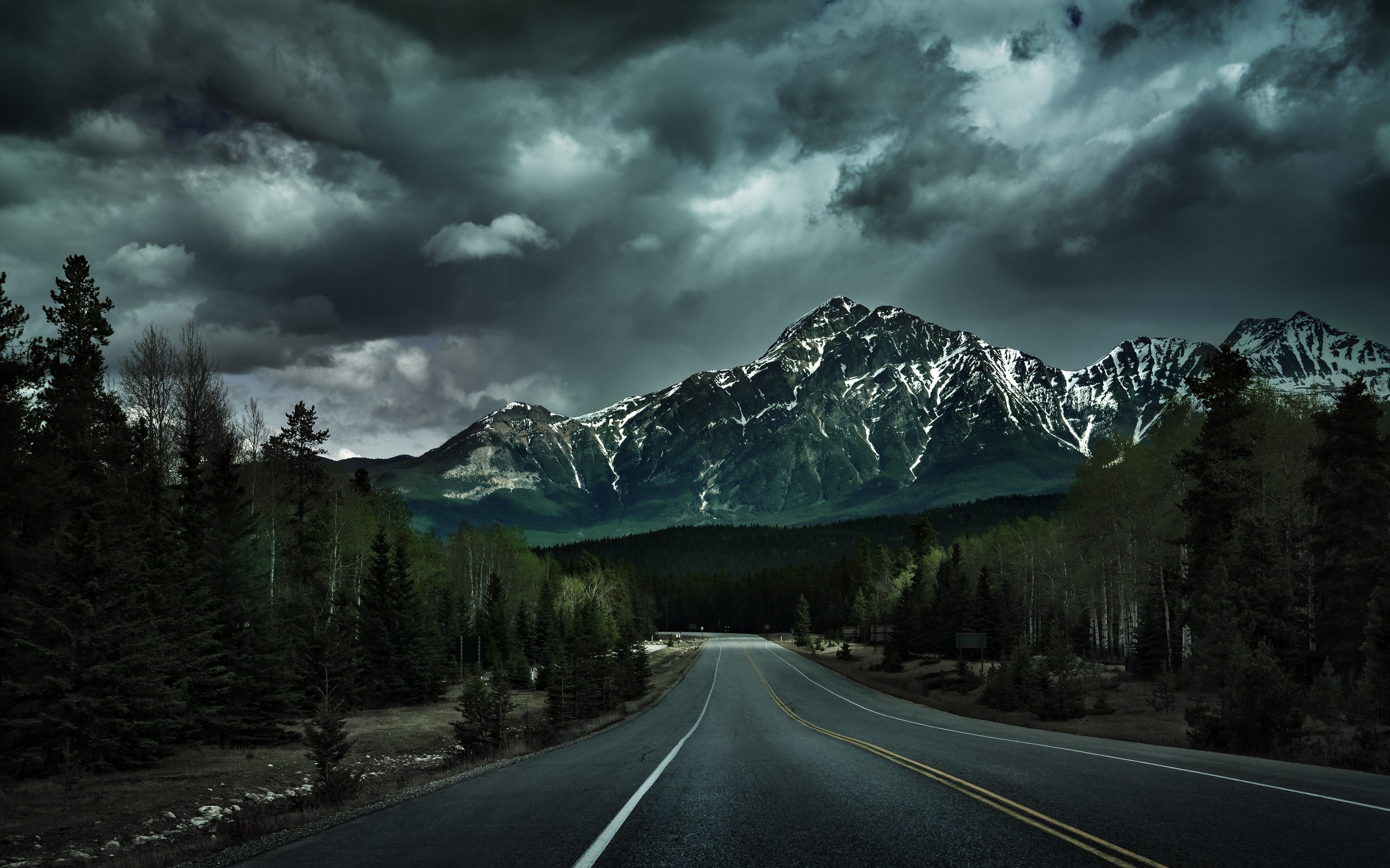 3840x2400 nature, Landscape, Road, Lines, Clouds, Canada, Mountain, Trees, Desktop